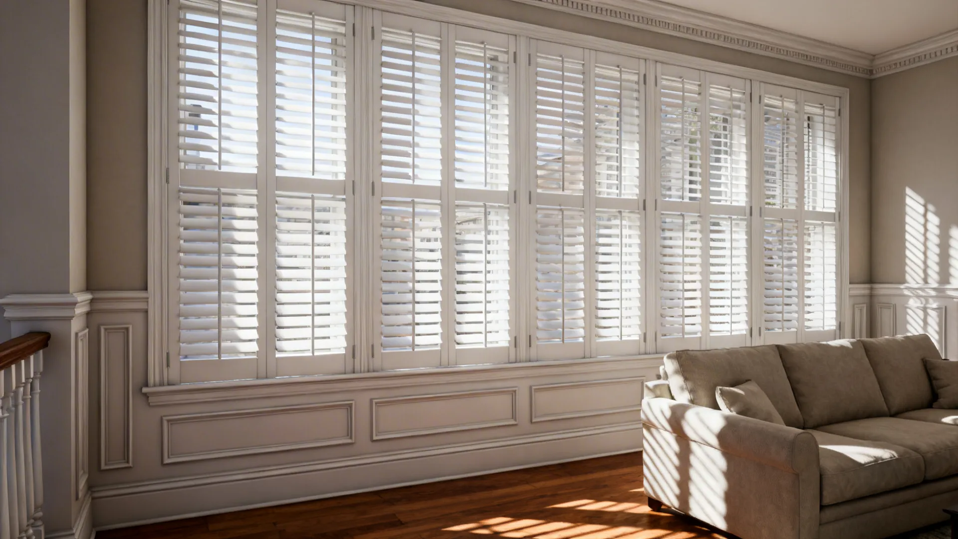 Townhouse living room with white plantation shutters and classic architectural details.
