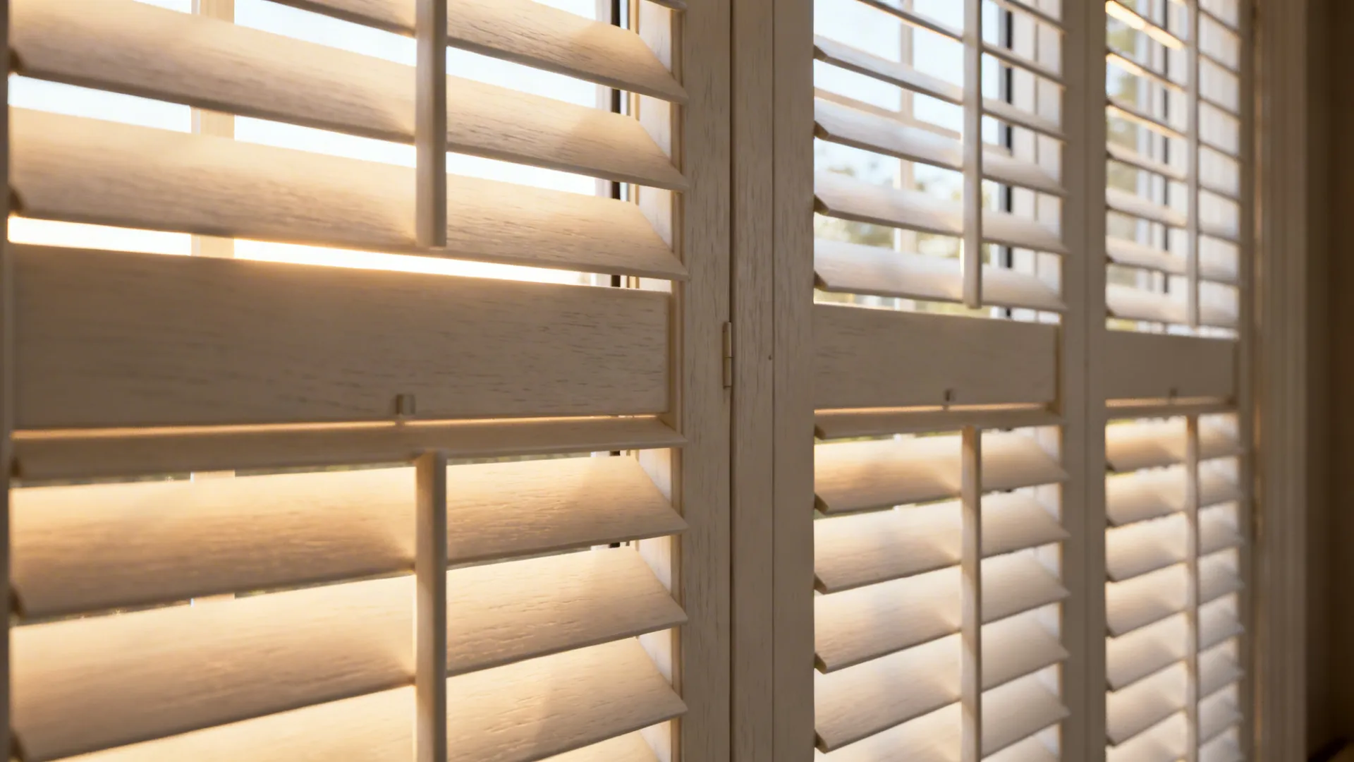 Custom plantation shutters with wide slats on a large living room window showing wood grain detail.