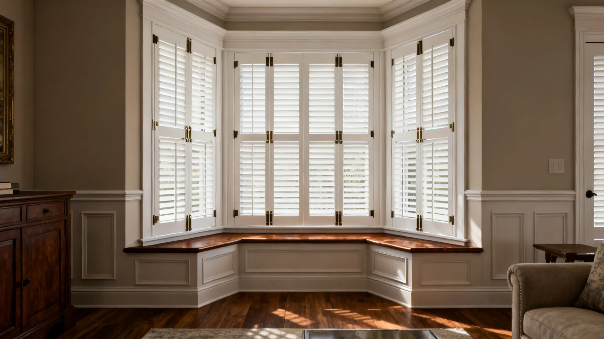 Bay window with custom-fitted white plantation shutters and a hardwood window seat.