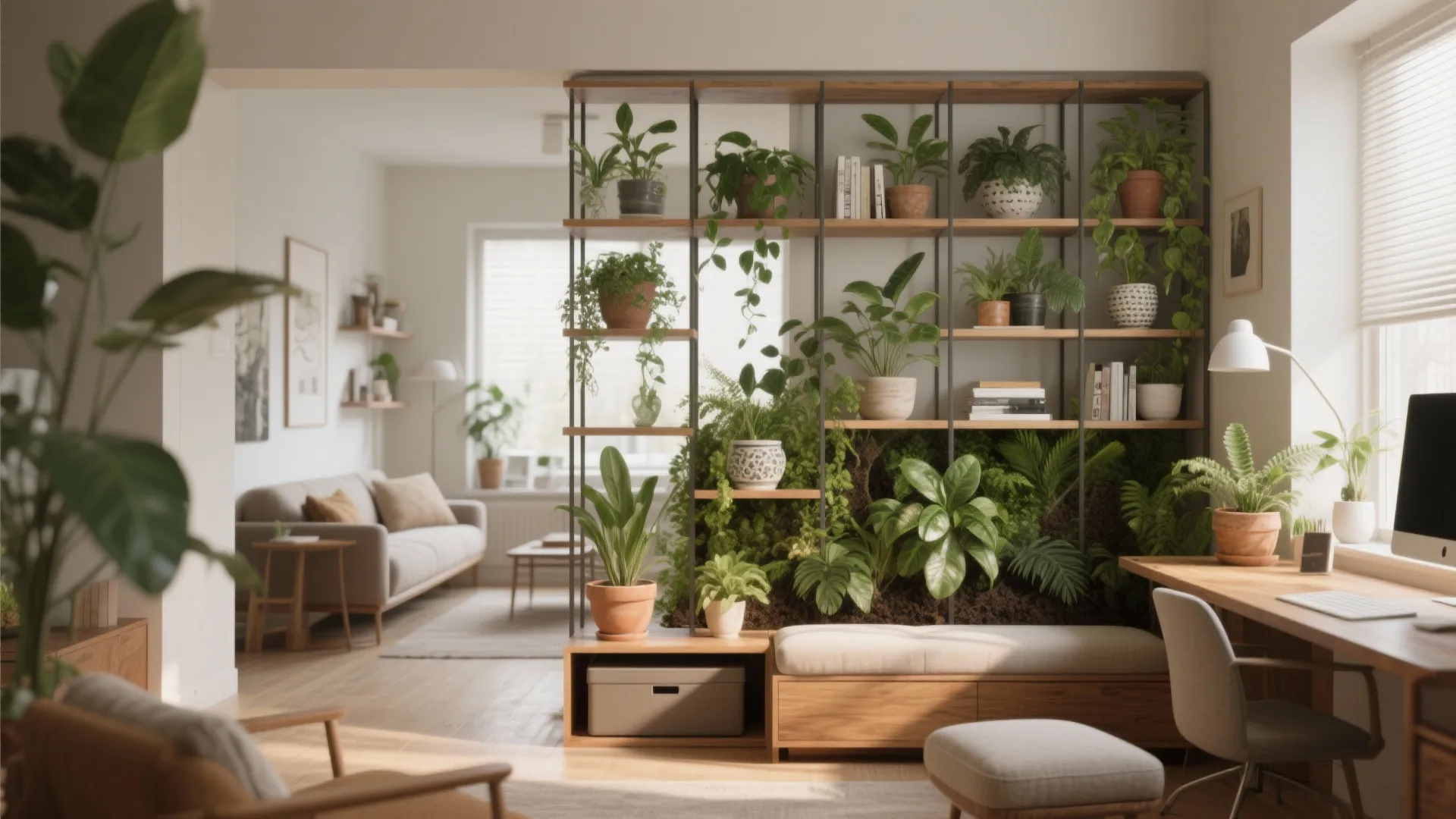 Modern living room divider shelf filled with potted plants separating a workspace from sofa area