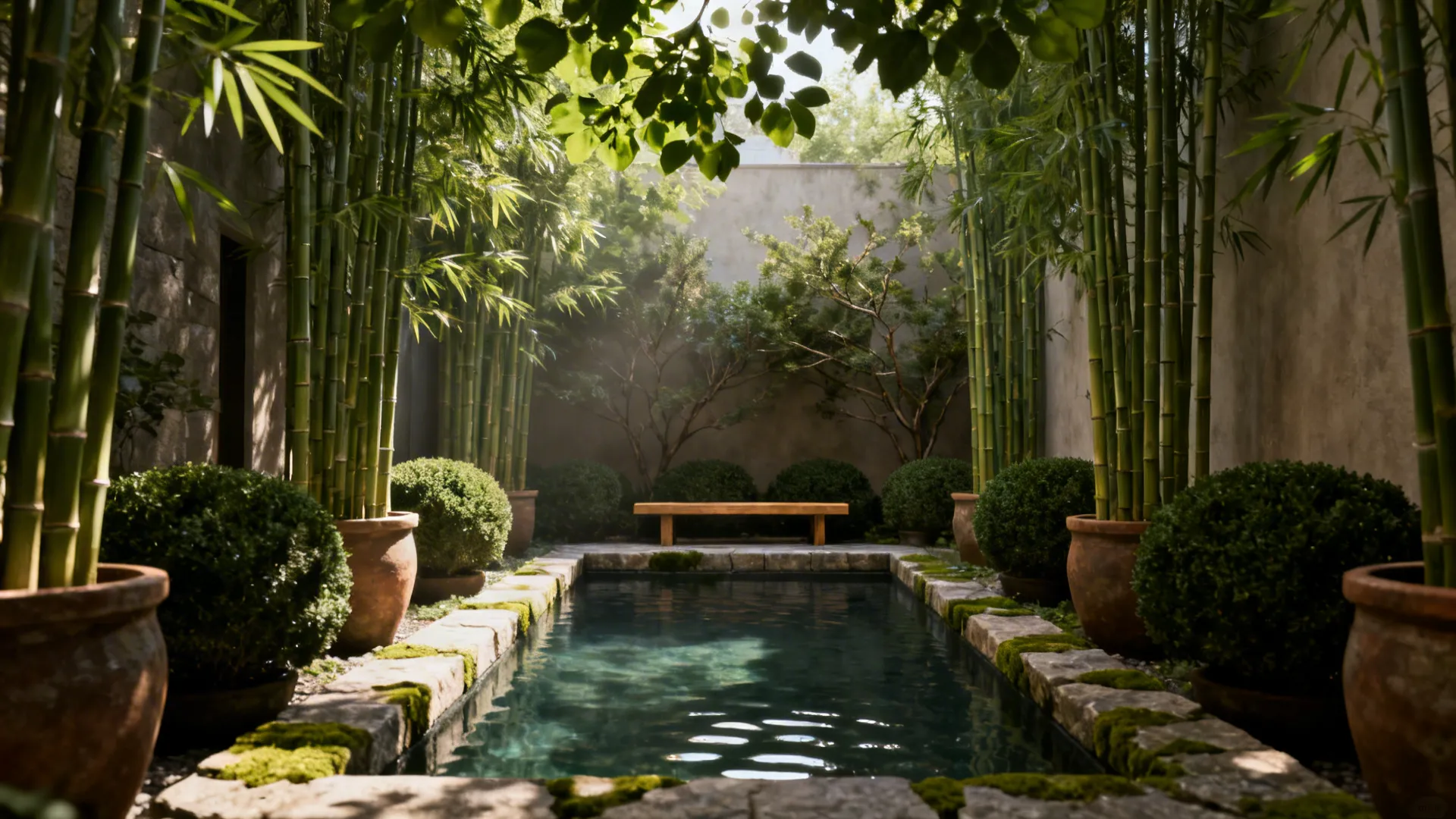 Narrow courtyard pool with bamboo and shrubs creating a private green buffer.