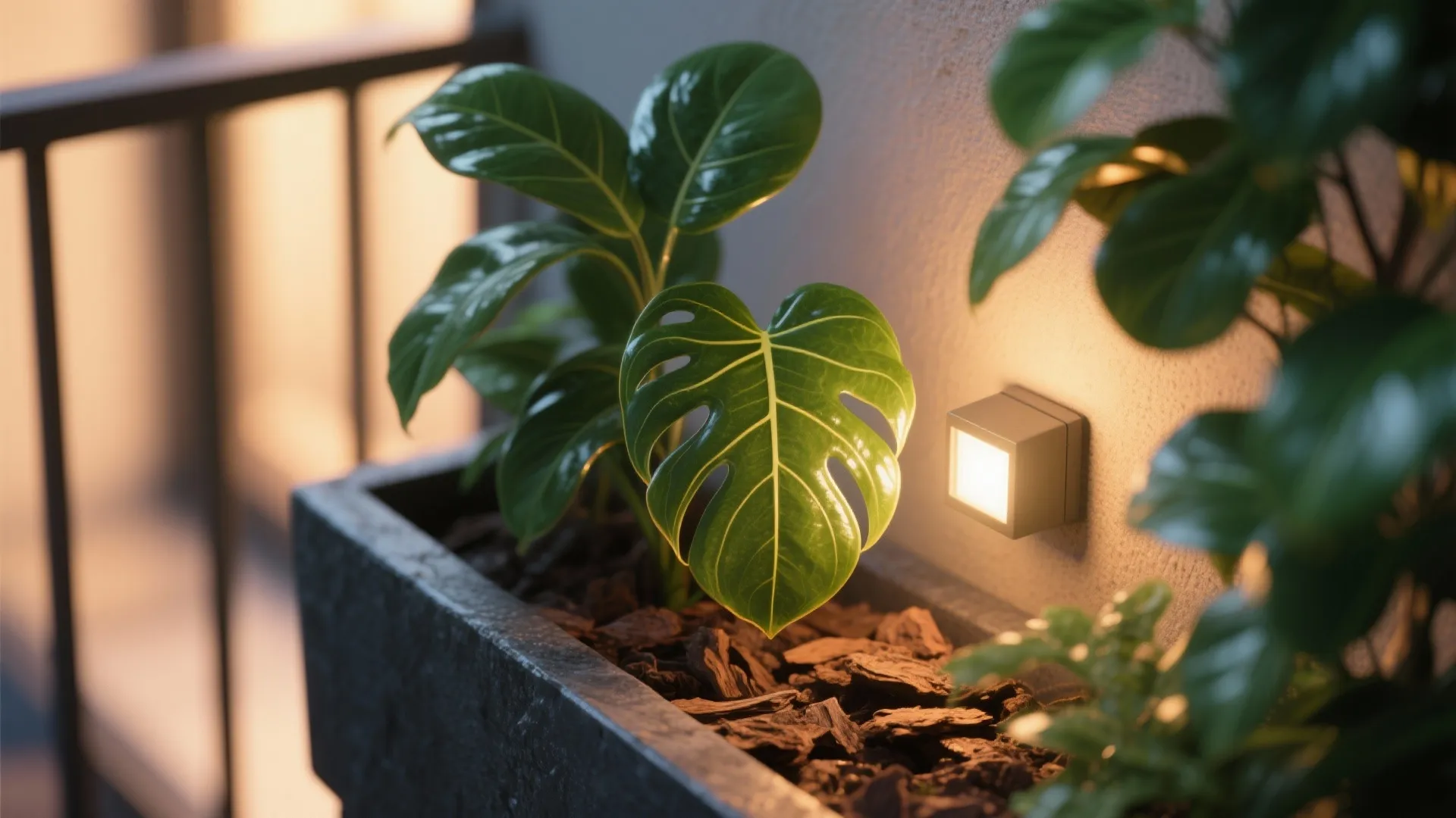 Close up of green plants in a stone planter box with a small wall light