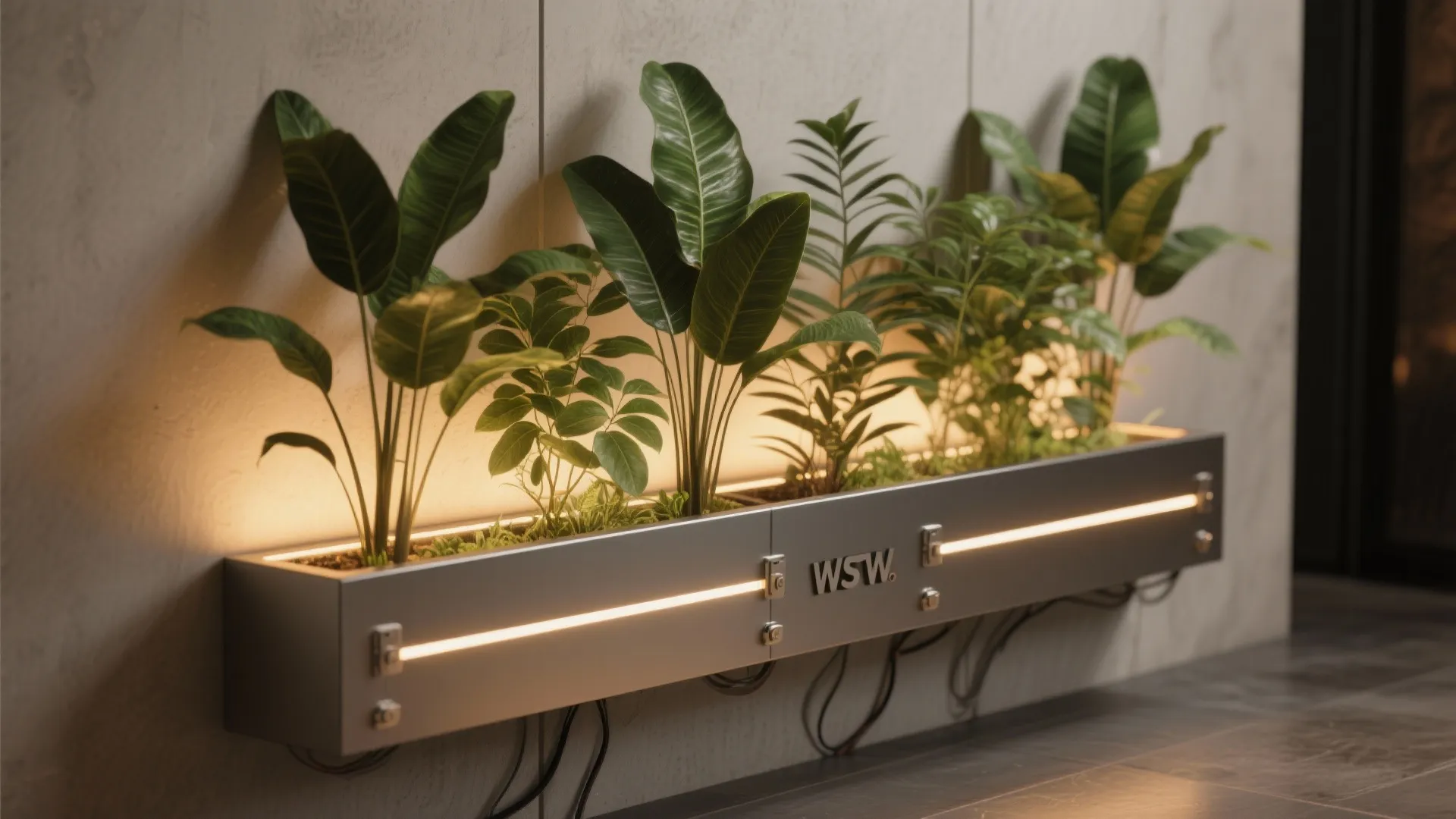 Modern metal wall planter box with green plants glowing under warm yellow strip light fixture