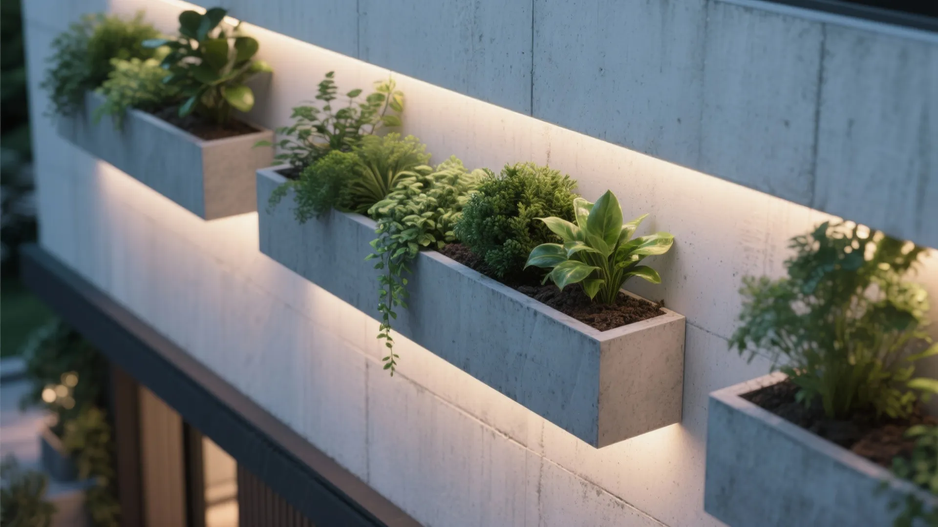 5. Integrated wall planters with subtle backlighting