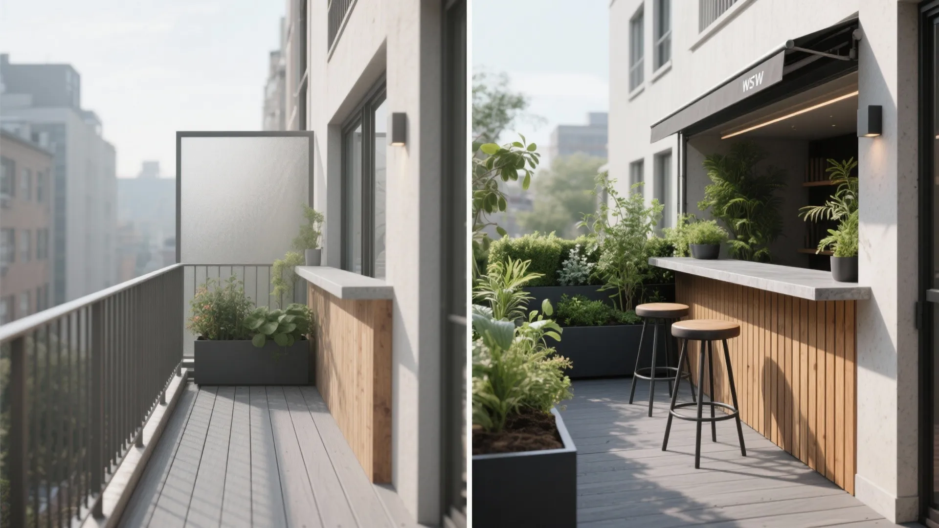 Before and after comparison of a simple balcony versus a modern outdoor home bar design