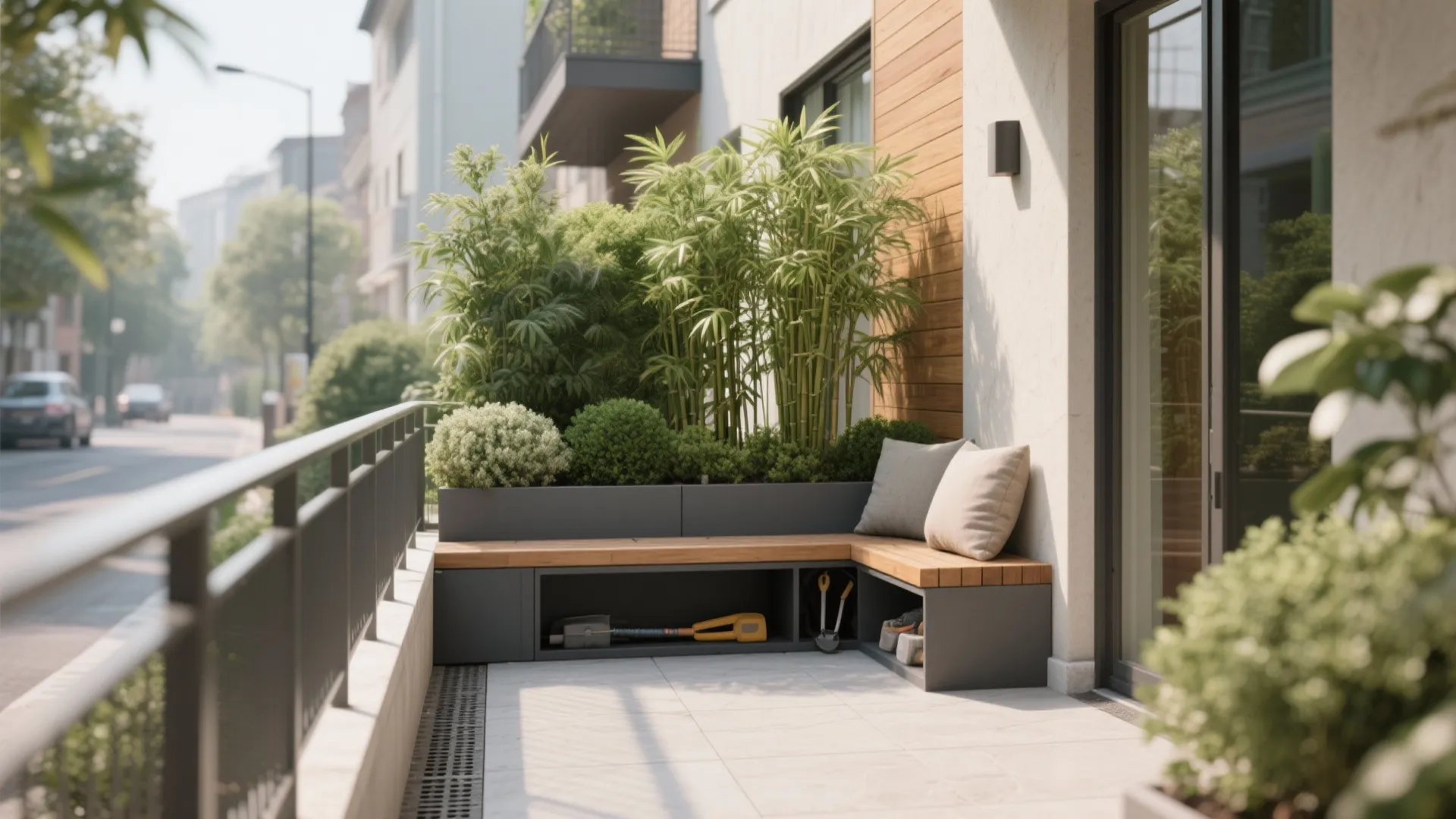 L-shaped wooden bench with storage space, grey pillows, and tall green plants in a planter