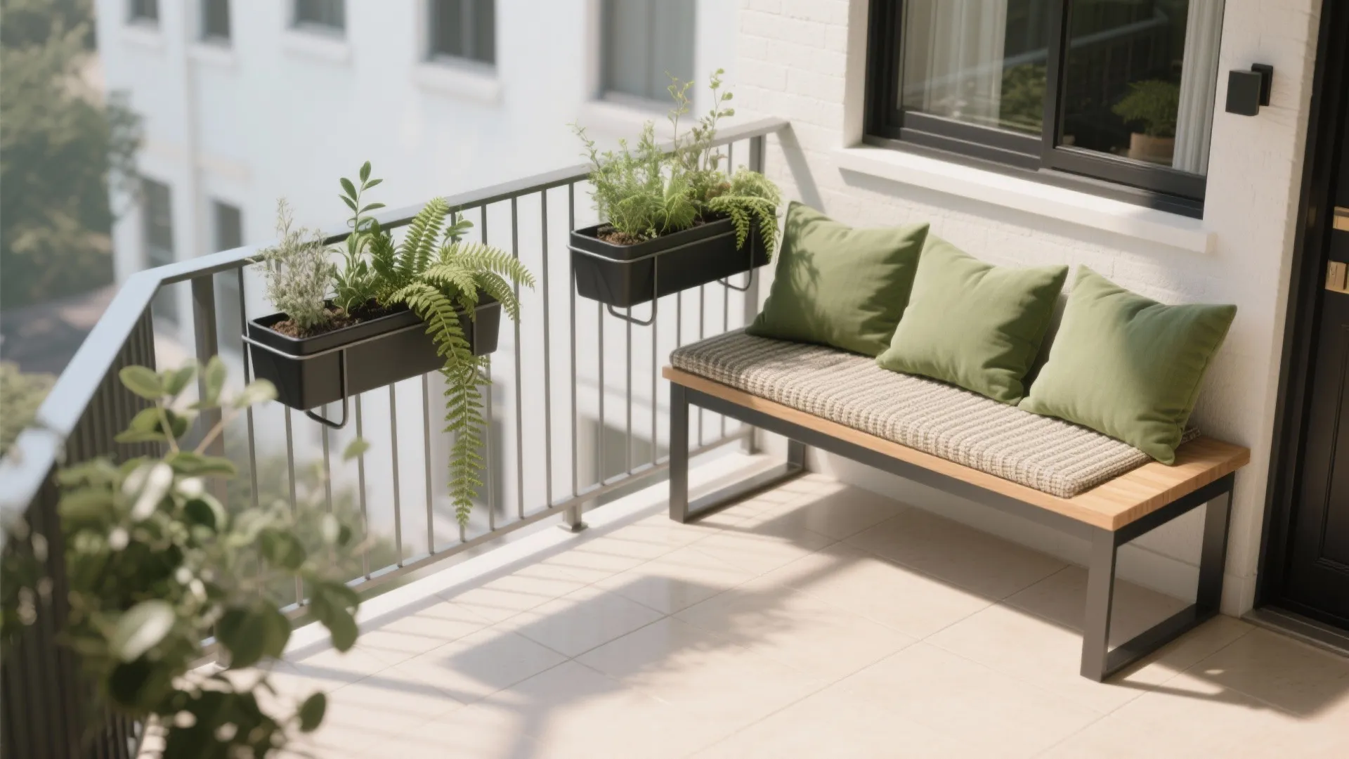 Outdoor balcony with wooden bench green pillows black railing planters green plants and bright natural sunlight