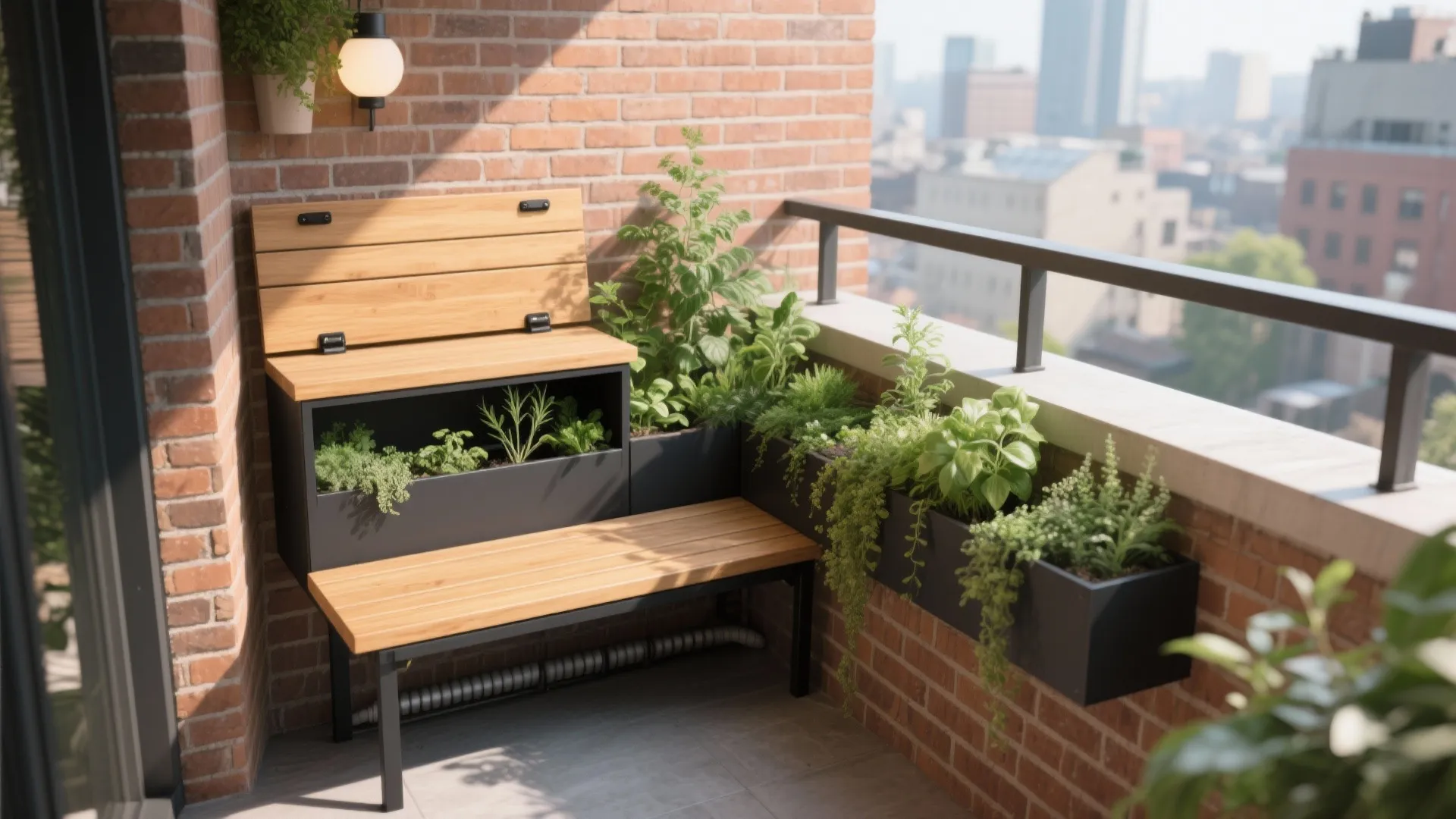 Small balcony with a wooden bench and built in black plant boxes against brick wall