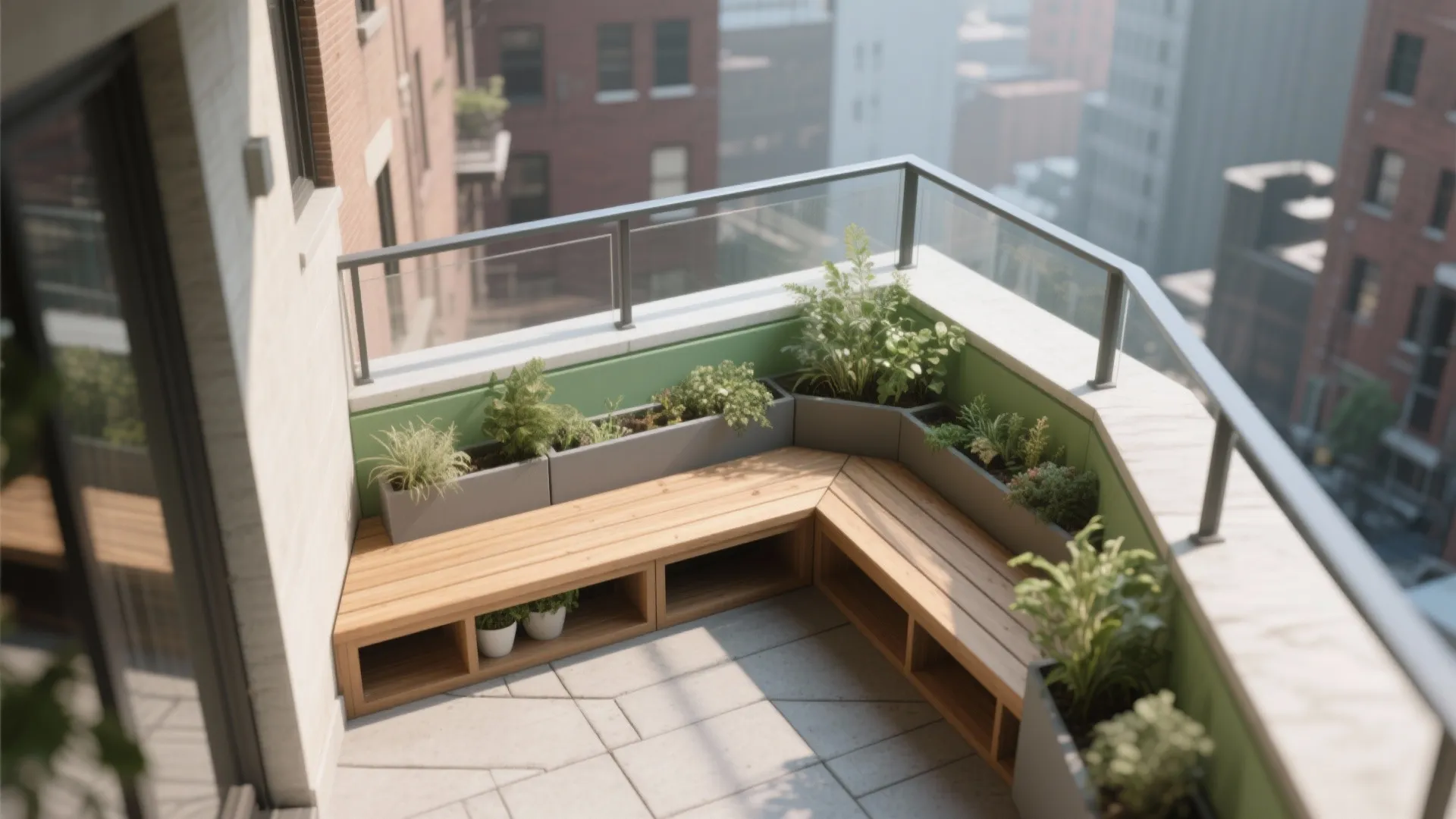 Corner balcony design featuring wooden L shaped bench built in planters glass railing and urban view