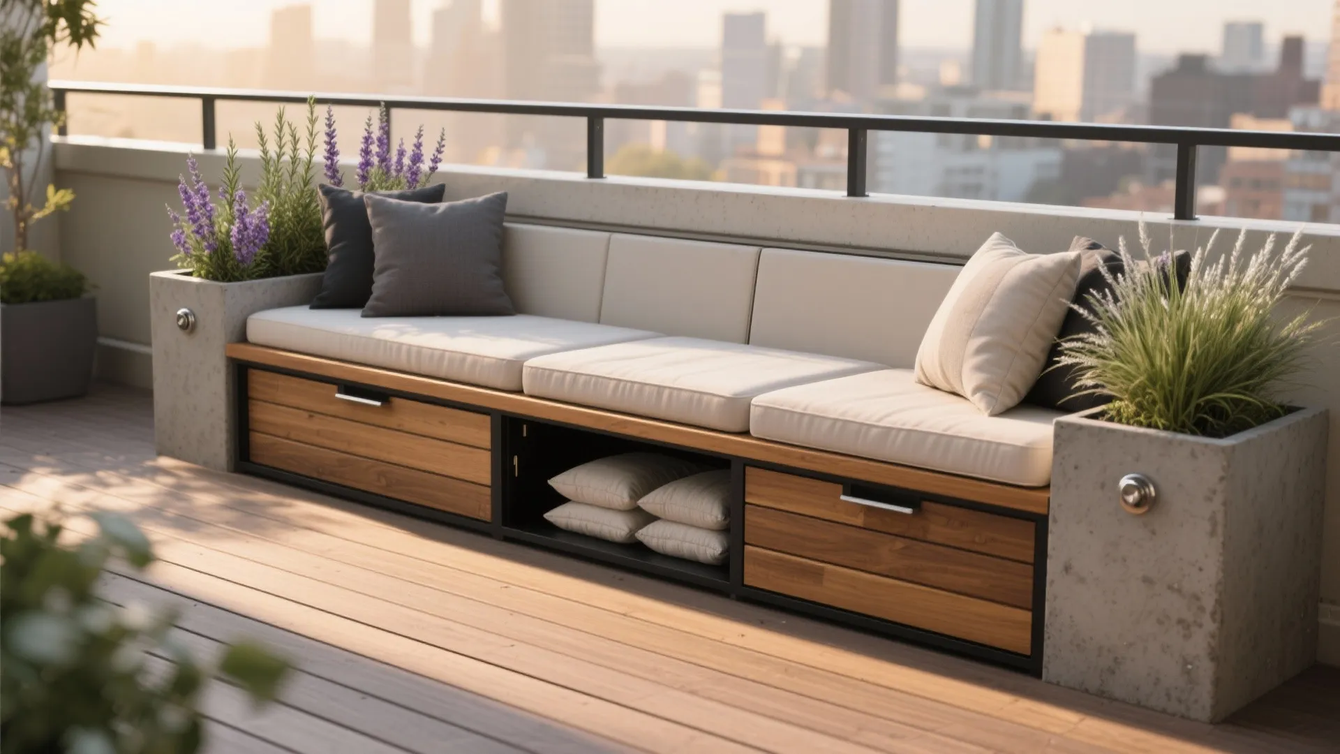 Modern outdoor wooden bench with white cushions and storage drawers between two grey concrete large planters