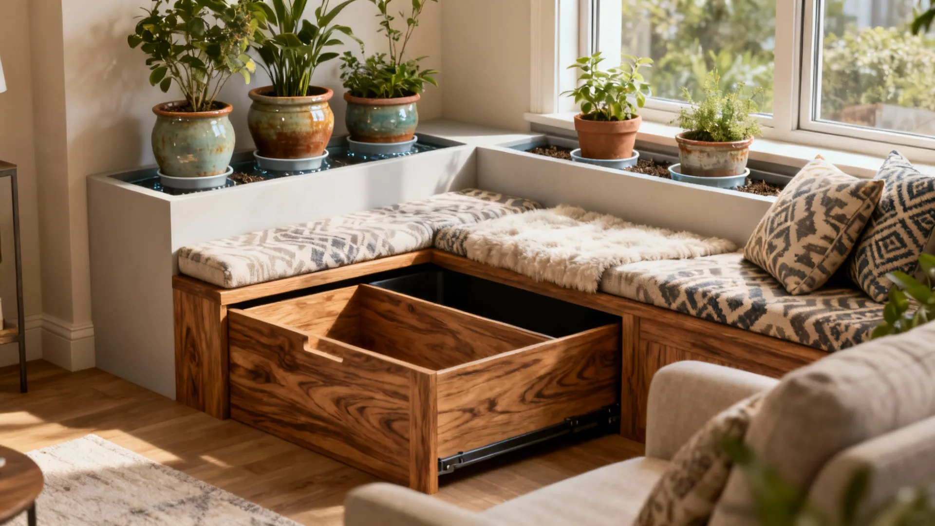 Window bench with built-in planter boxes, removable pots and cushions in a small living room.