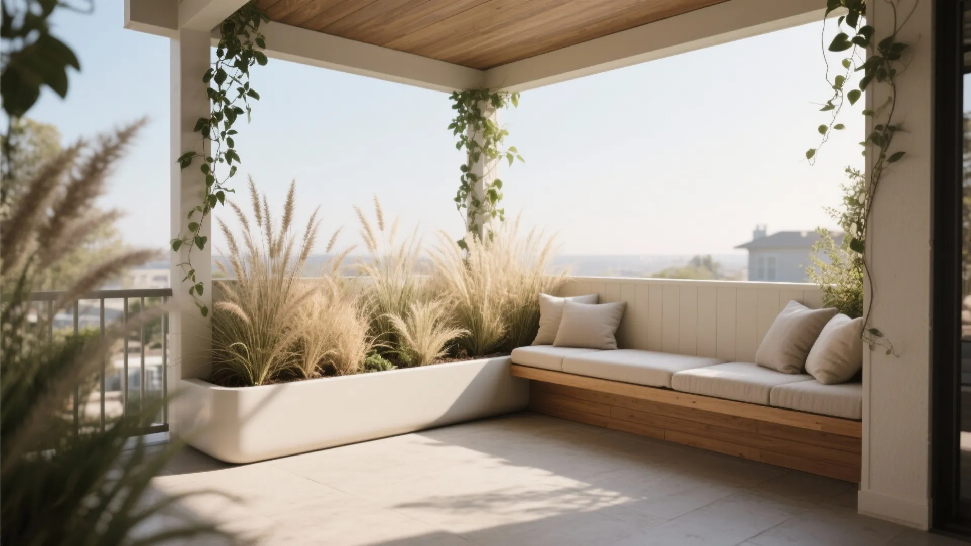 Covered balcony with planter-integrated L-bench and lush grasses creating a garden-like alcove.