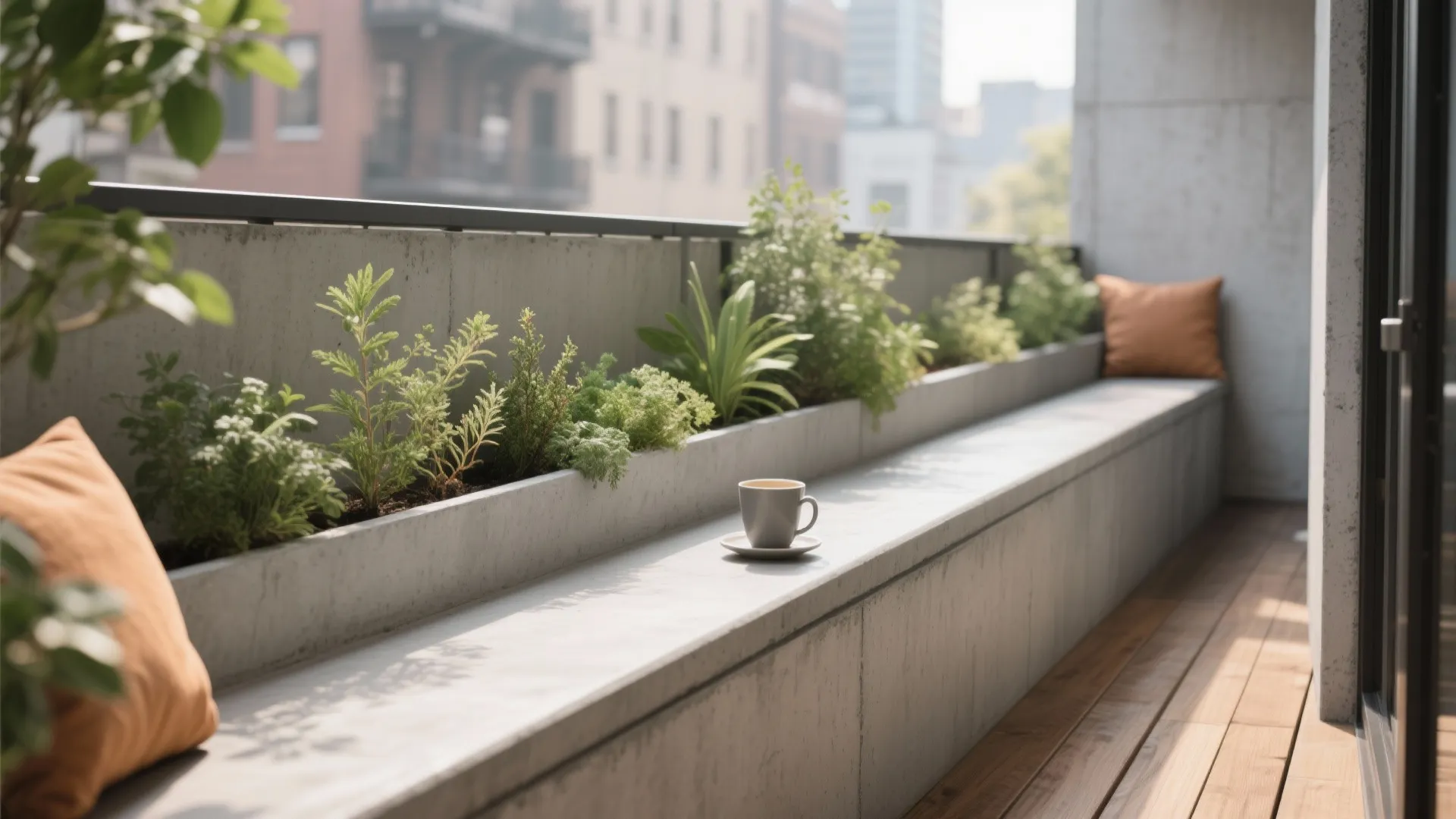 Long concrete bench used as a planter with green bushes and a coffee cup surface