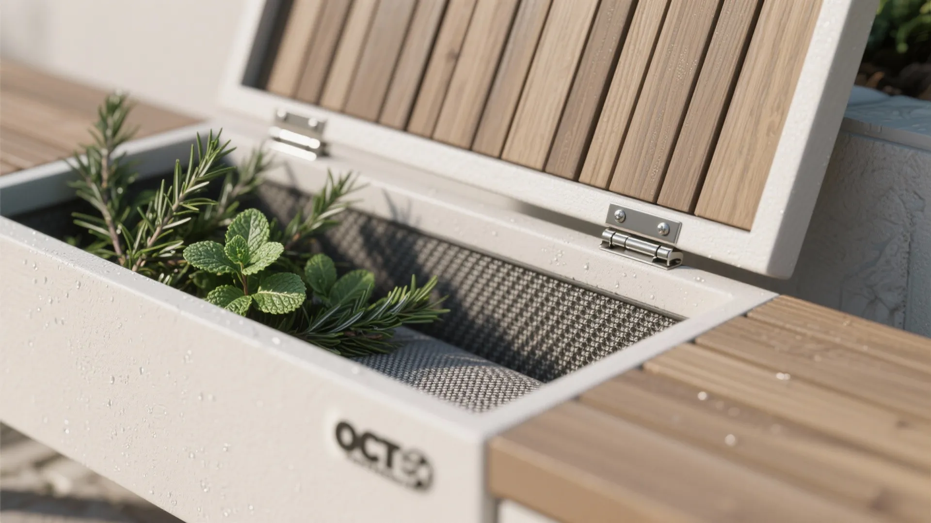 Macro of composite planter bench hinge, mesh cushion base, and fresh herb leaves.