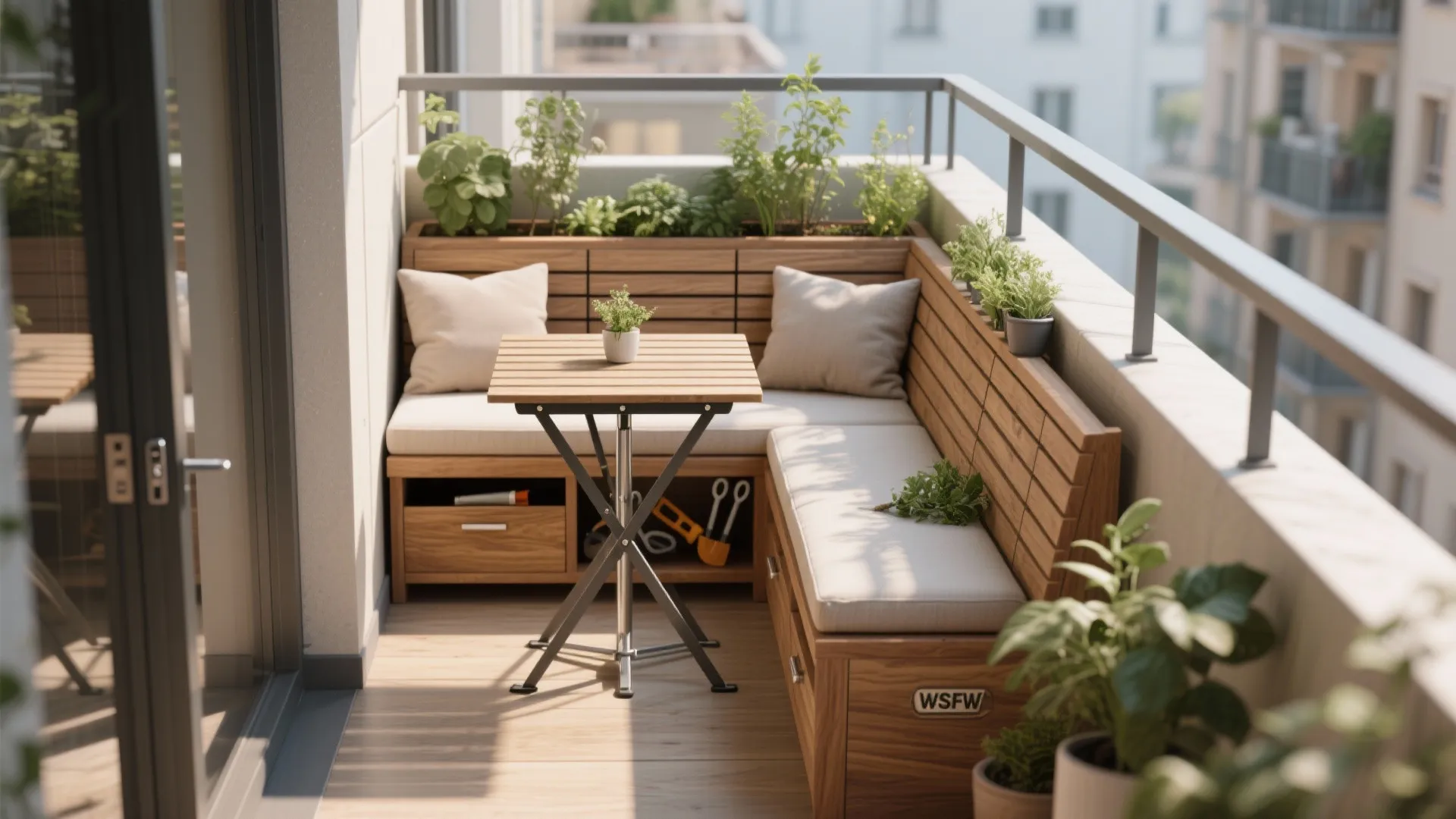 Modern balcony with wooden corner bench seating, small foldable table, green plants, and soft cushions