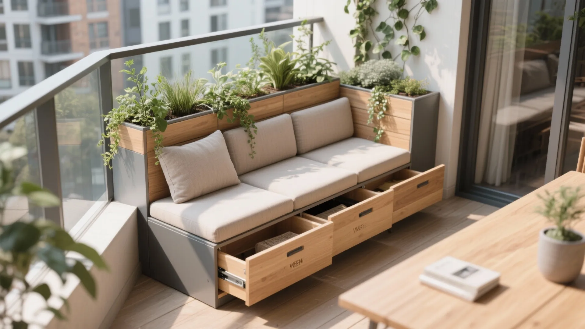 Modular planter bench with hidden storage and cushions on a compact balcony.