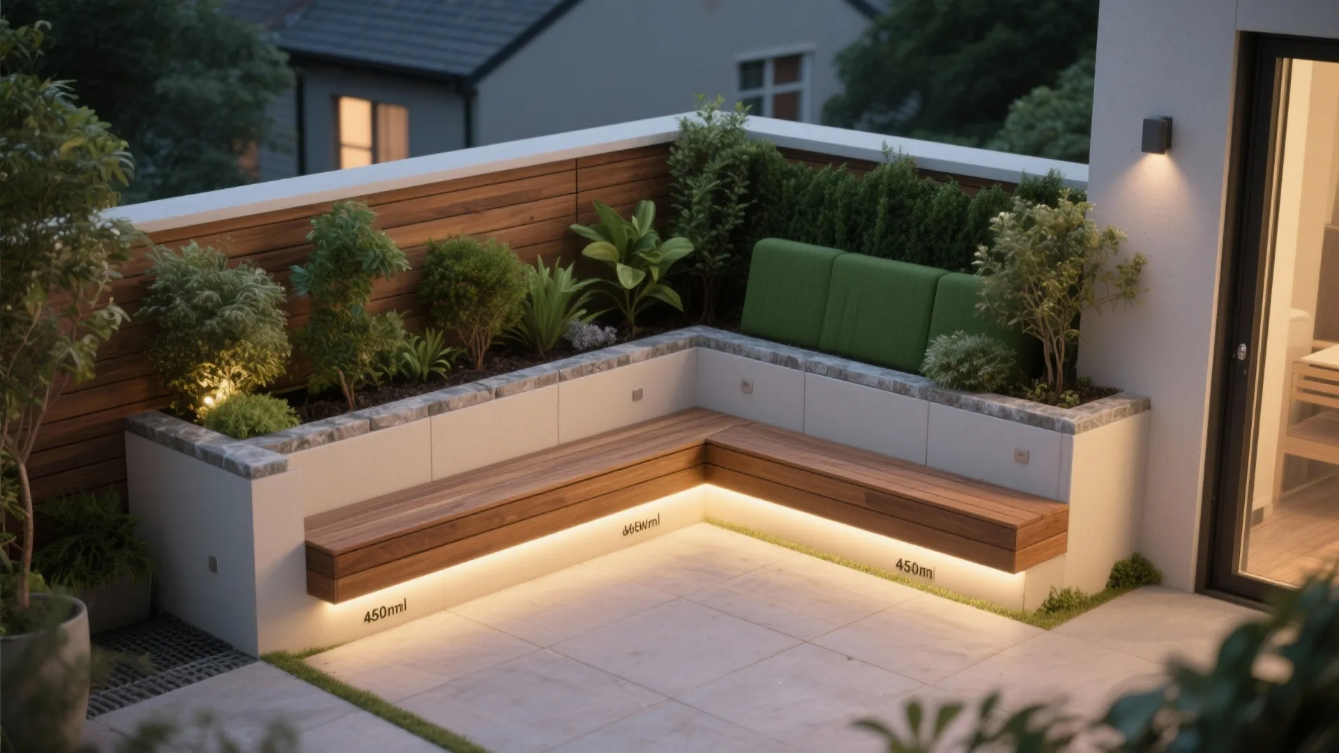 Planter-and-bench parapet that doubles as seating