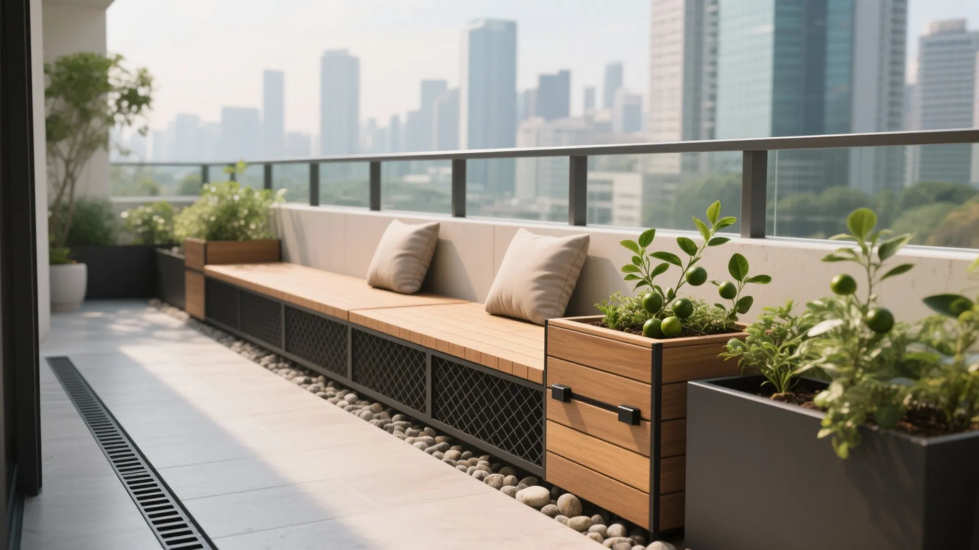 Slim planter bench with storage and herbs on a Singapore balcony, cushions and drainage detail visible.