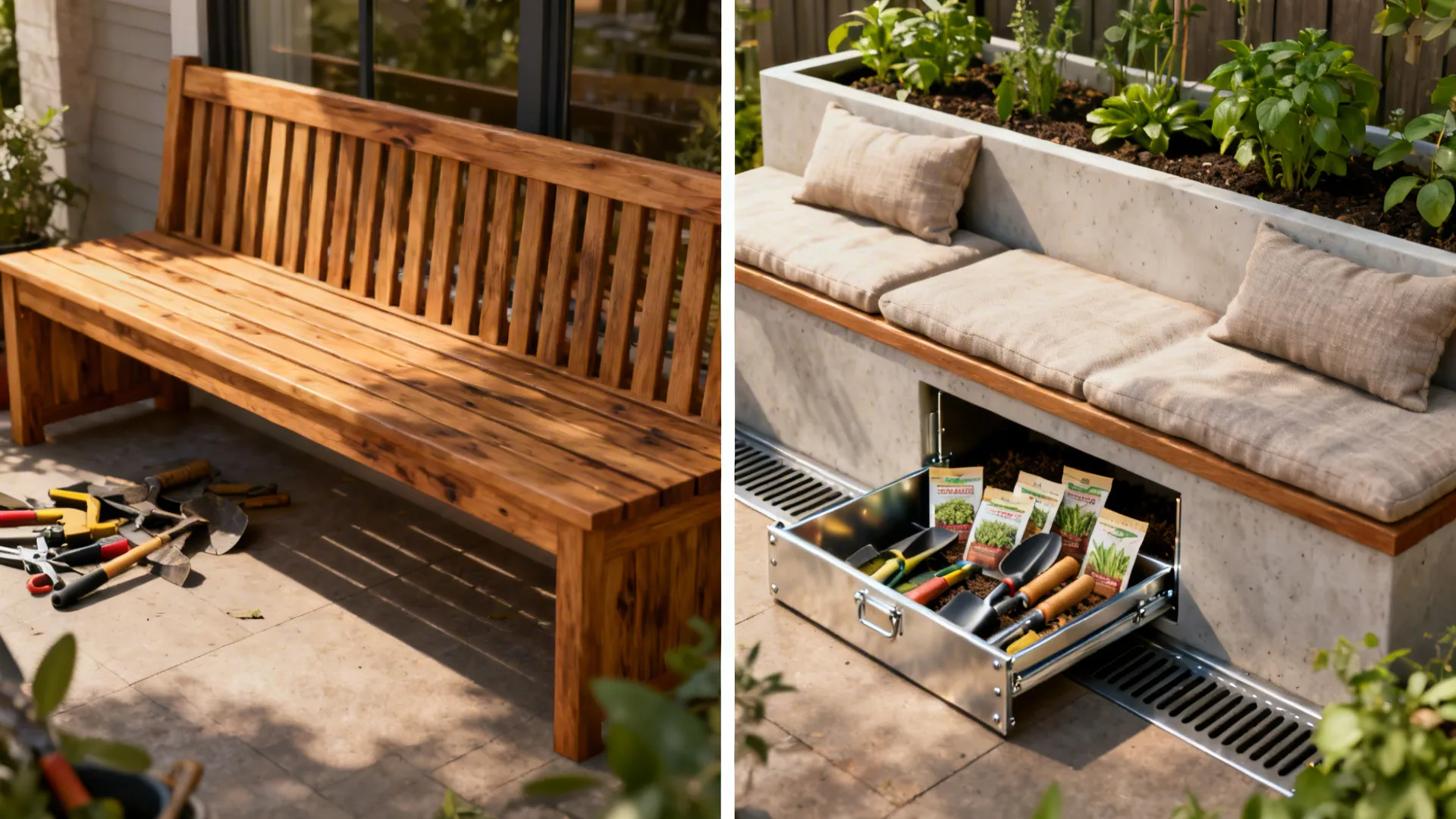 Planter bench with hidden storage compartment open to reveal hand tools, shown next to a cluttered before view.