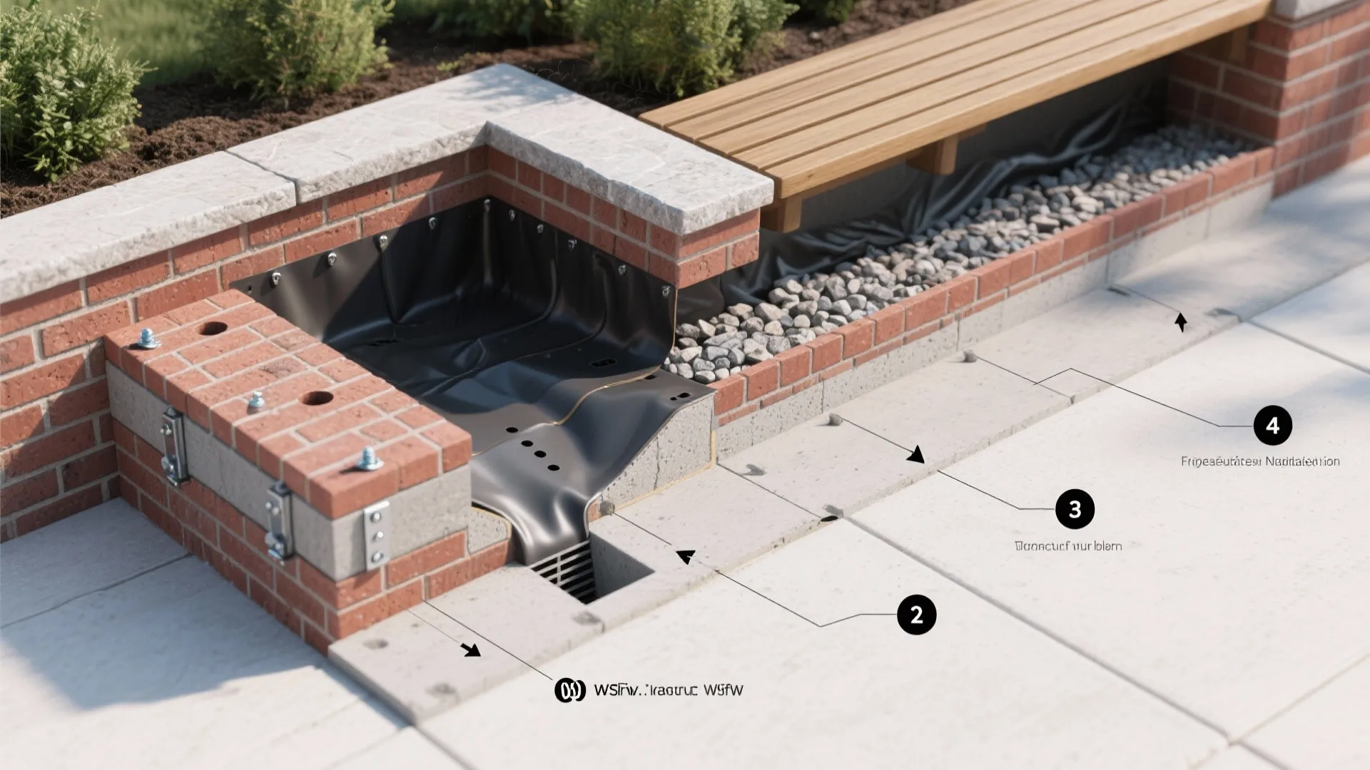 Integrated Brick Planters and Seating with Smart Drainage