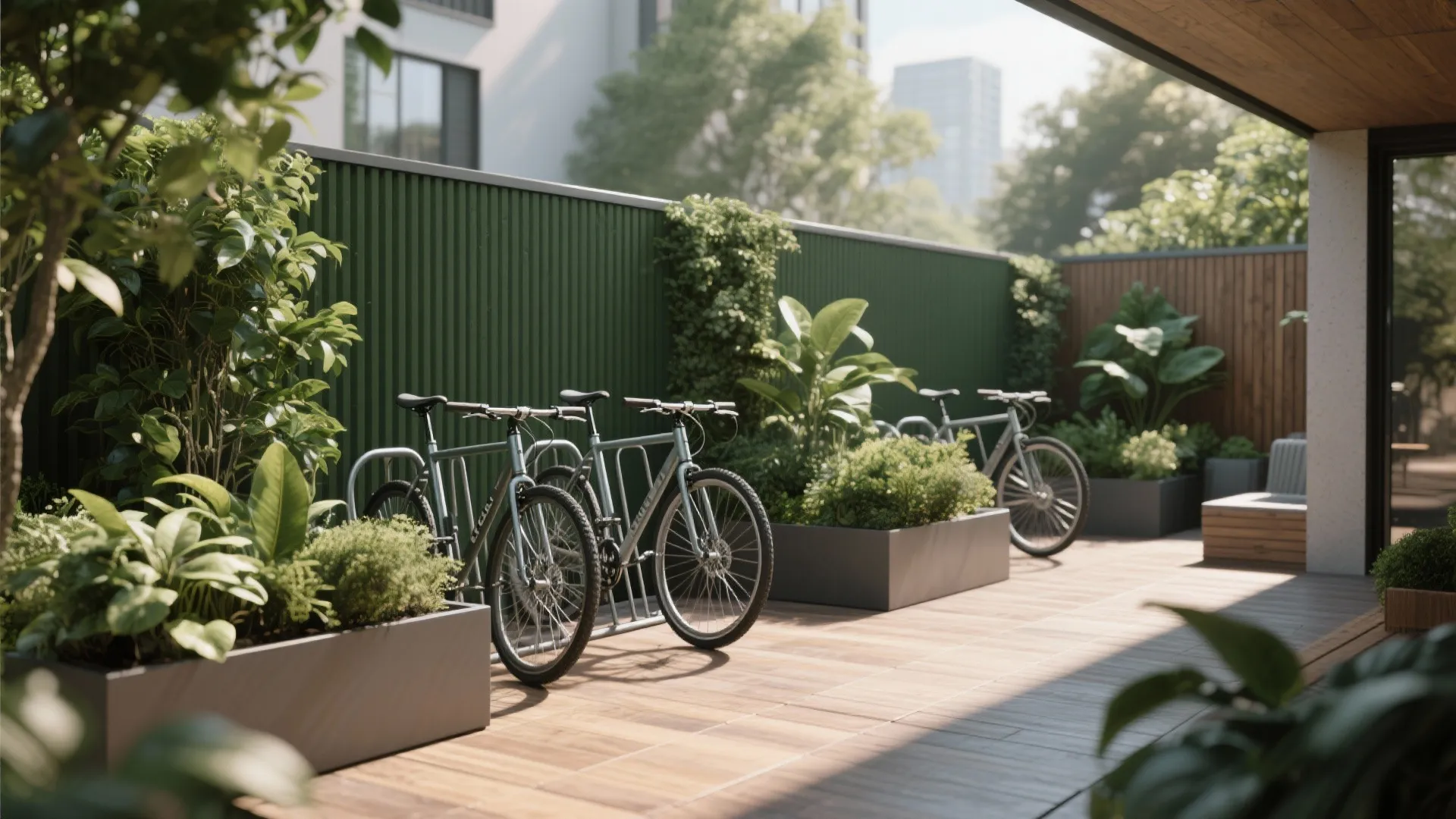 Outdoor bicycle storage area with green fence and large grey plant boxes on wood deck