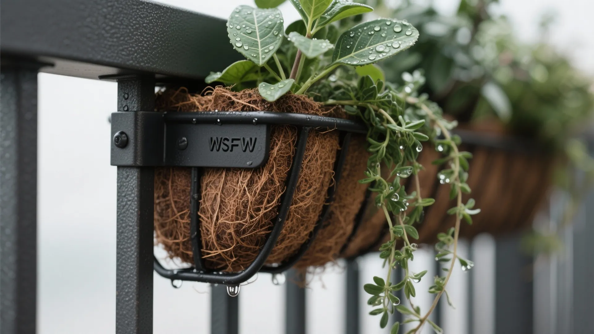 Close-up of a rail planter with coco liner and drip tray highlighting durable details.