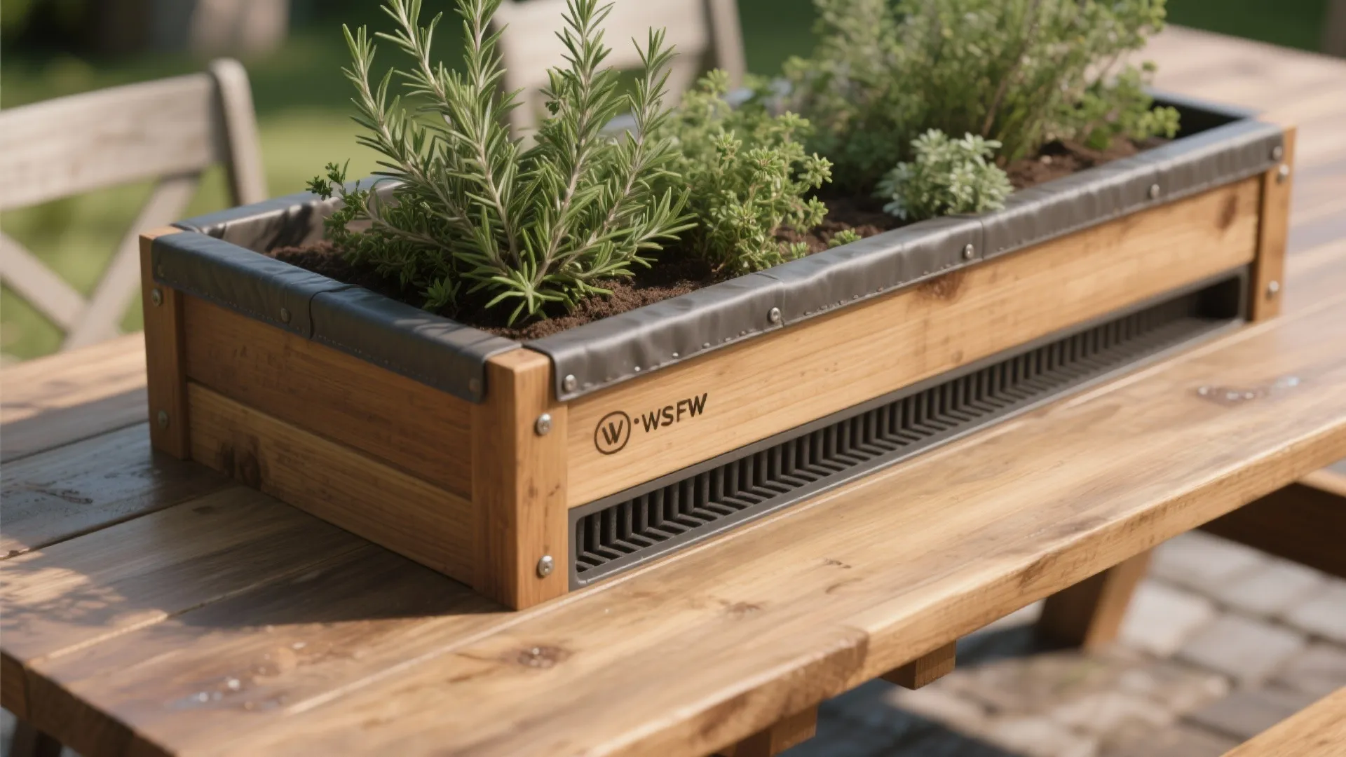 Close-up of an integrated herb planter with liner and drainage tray inside a cedar farm table centerpiece.