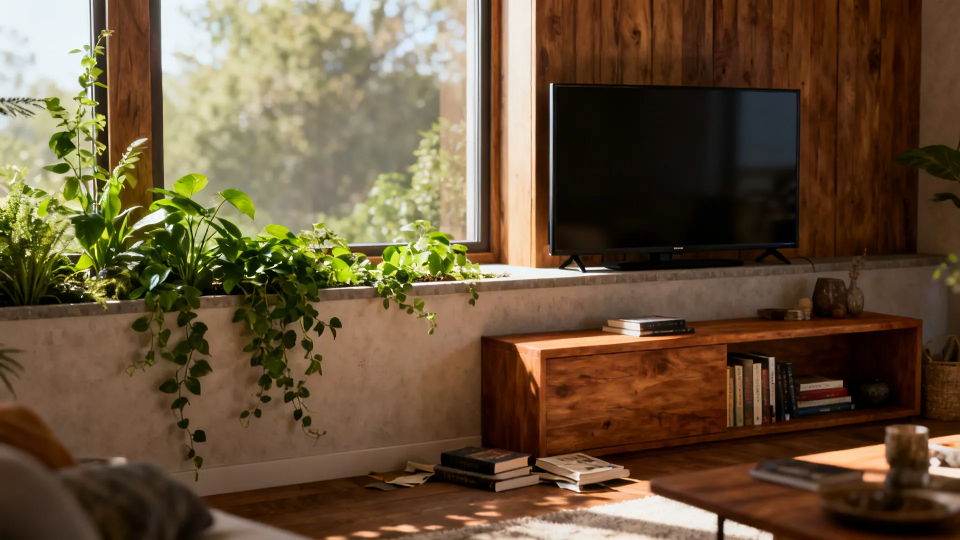 Living room with a partial-height planter ledge and a TV mounted above, preserving lower sightlines.