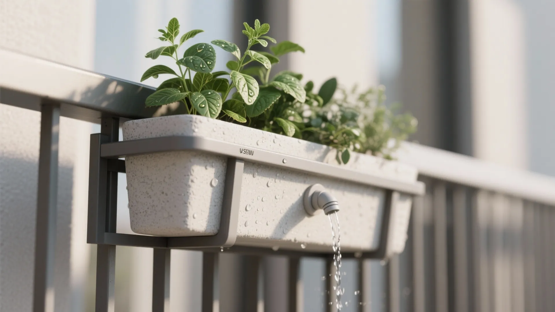 White balcony planter with green herbs and small water pipe dripping water on sunny day