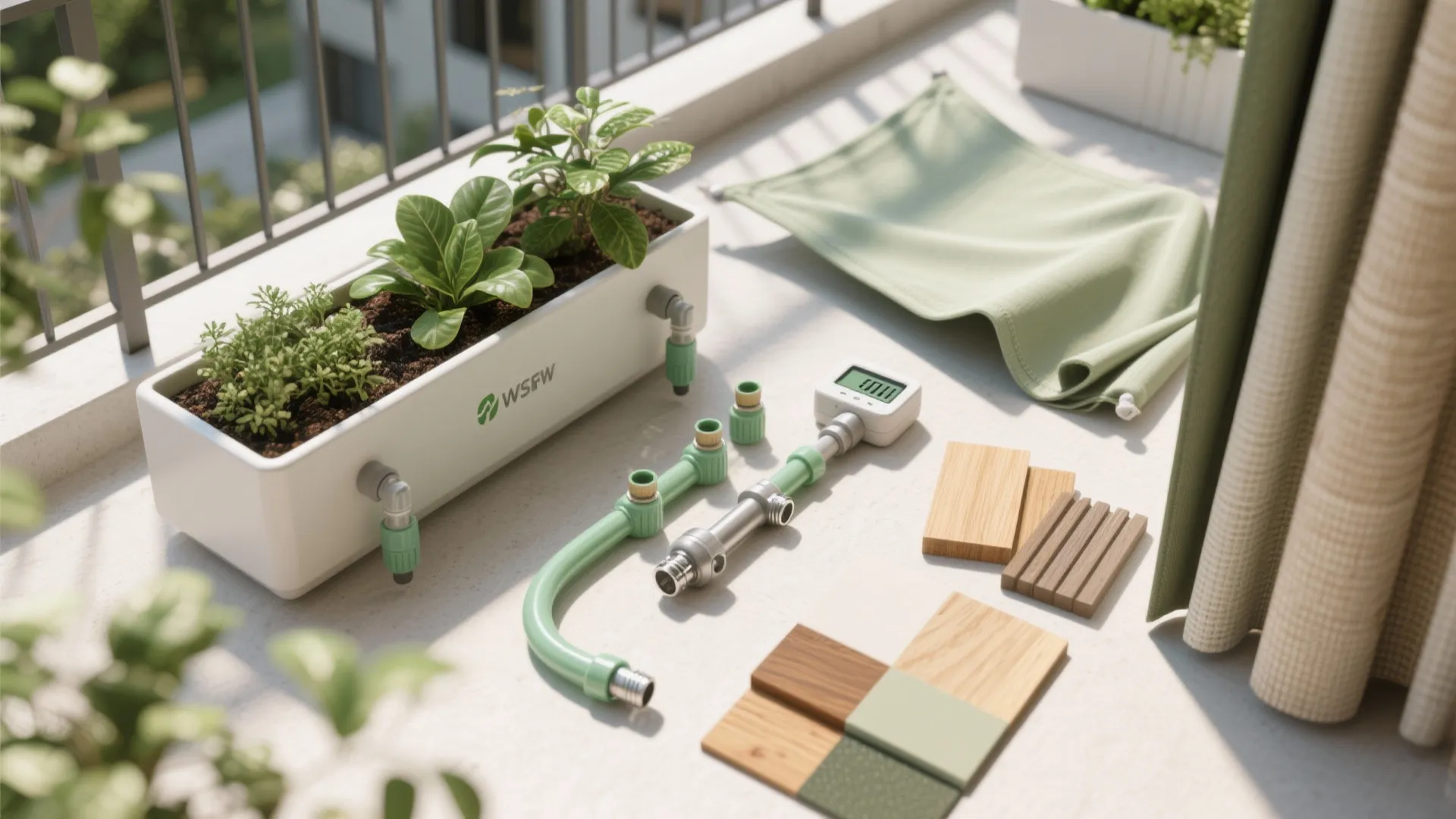 Balcony Greenery with Lightweight Planters, Drip Irrigation, and Shade