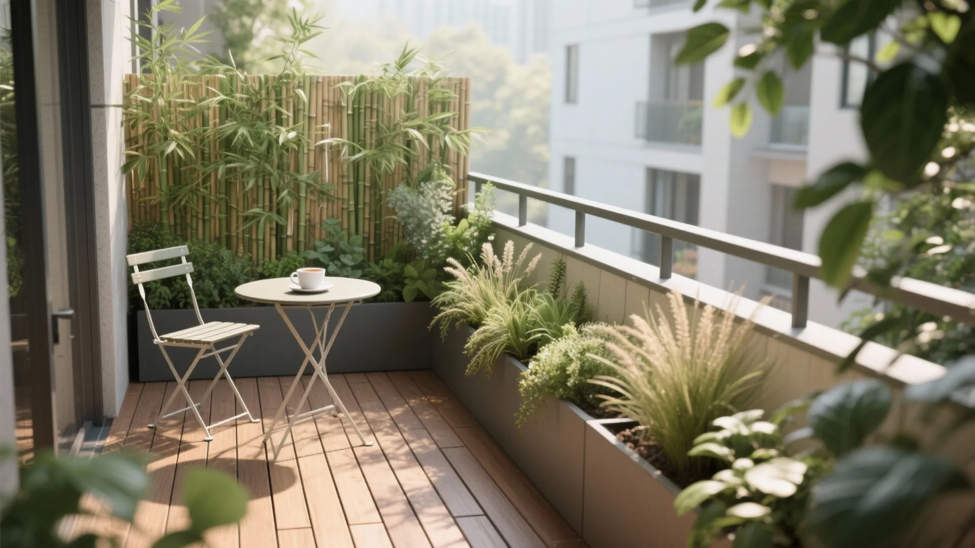 Small balcony with wooden floor bamboo screen white folding chair round table and green plants