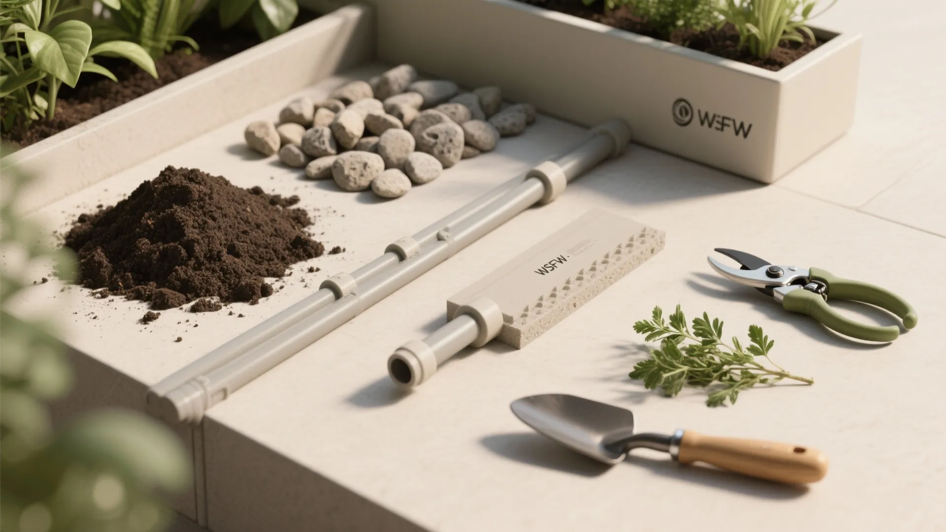 Gardening tools and materials like soil rocks hand shovel and scissors for a balcony garden