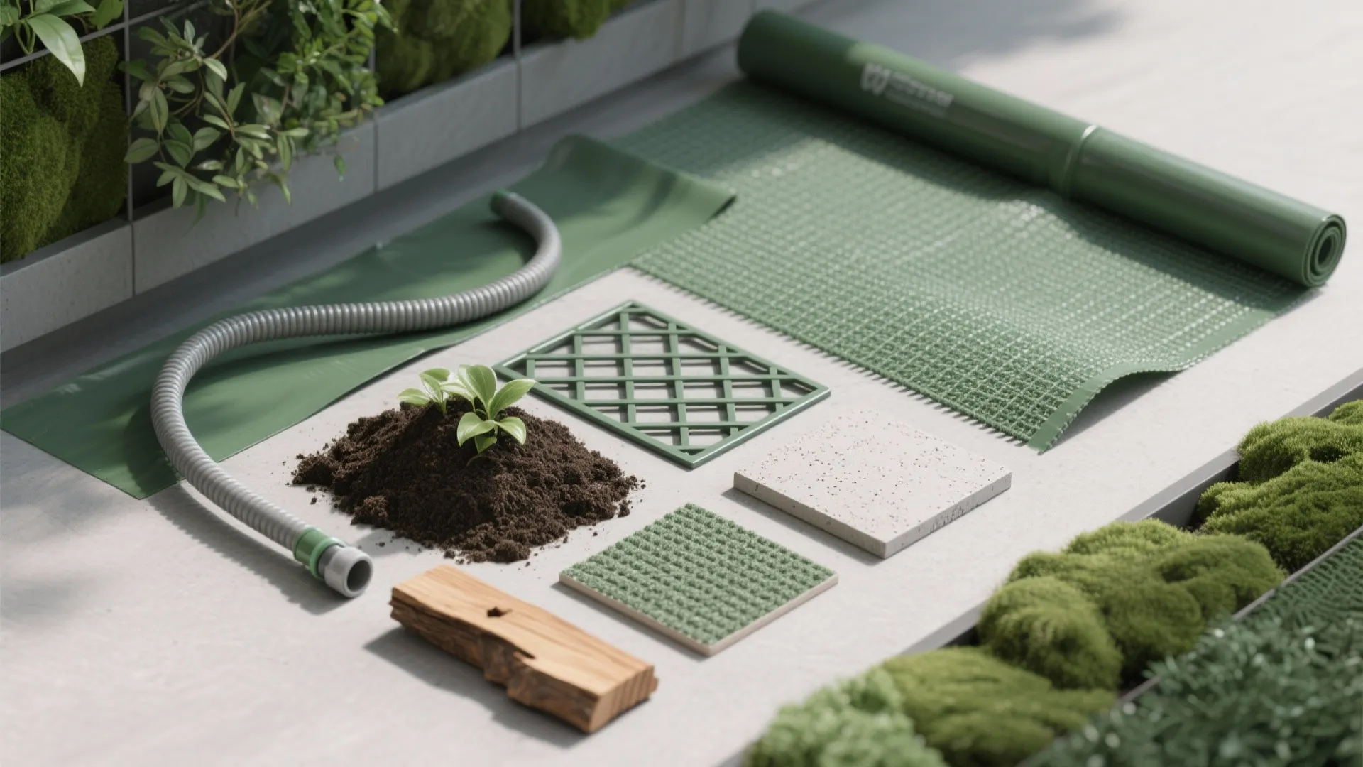 Flat lay of gardening tools with green mat, water hose, soil, plant, and wall panels