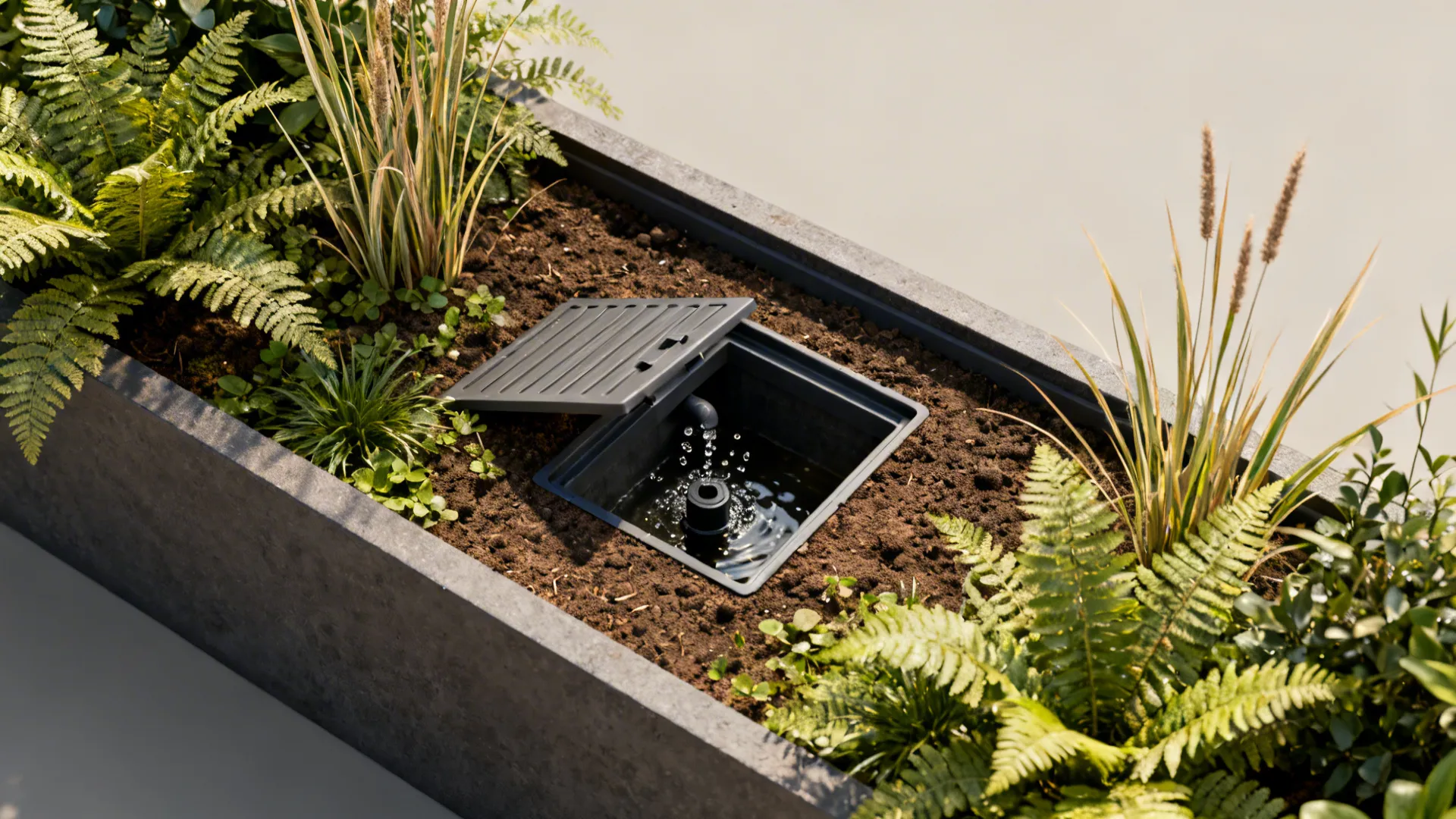 Top-down view of a planter with integrated fountain, ferns, and an access hatch for the pump.