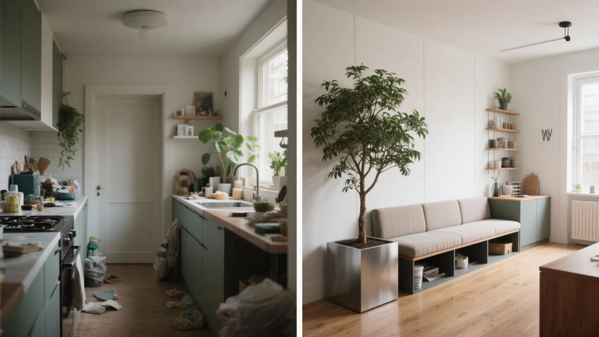 Before-and-after of a kitchenette transformed by a room-divider with an integrated slim planter hosting a Schefflera.