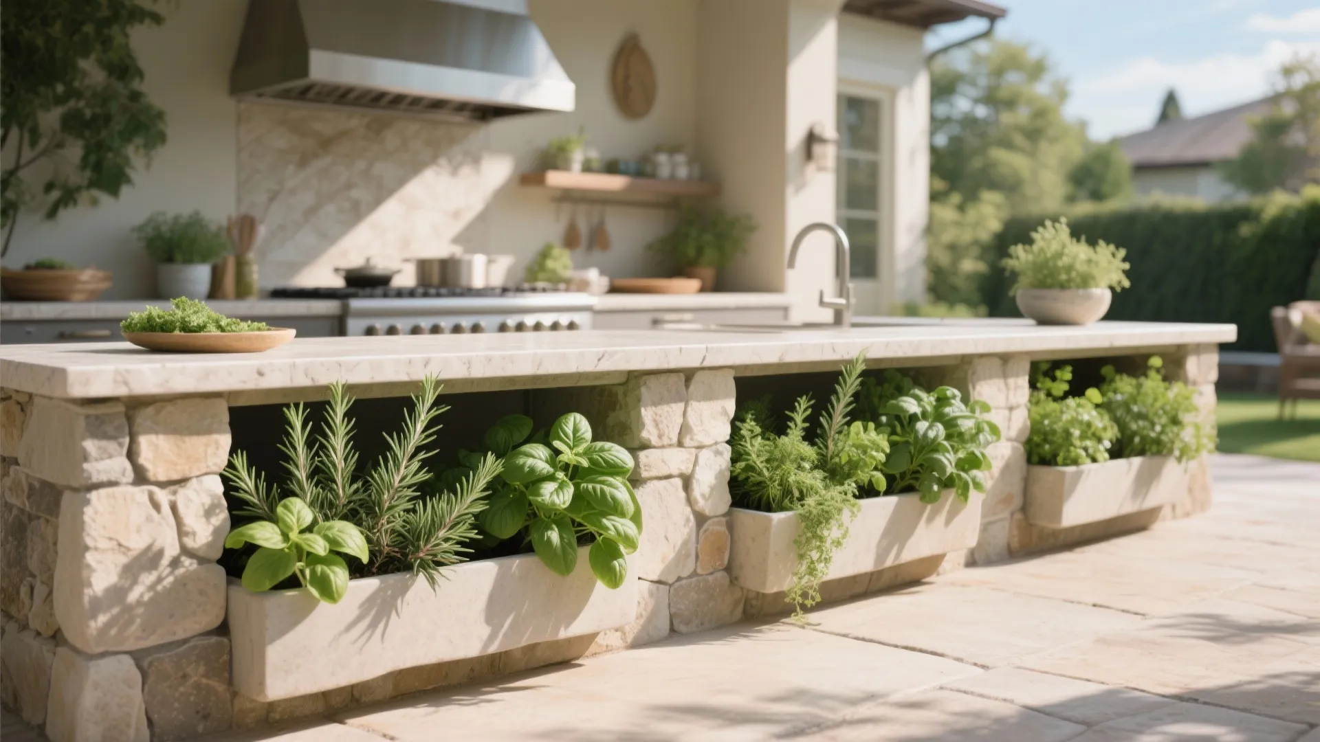 Herb planters with rosemary and basil in outdoor kitchen