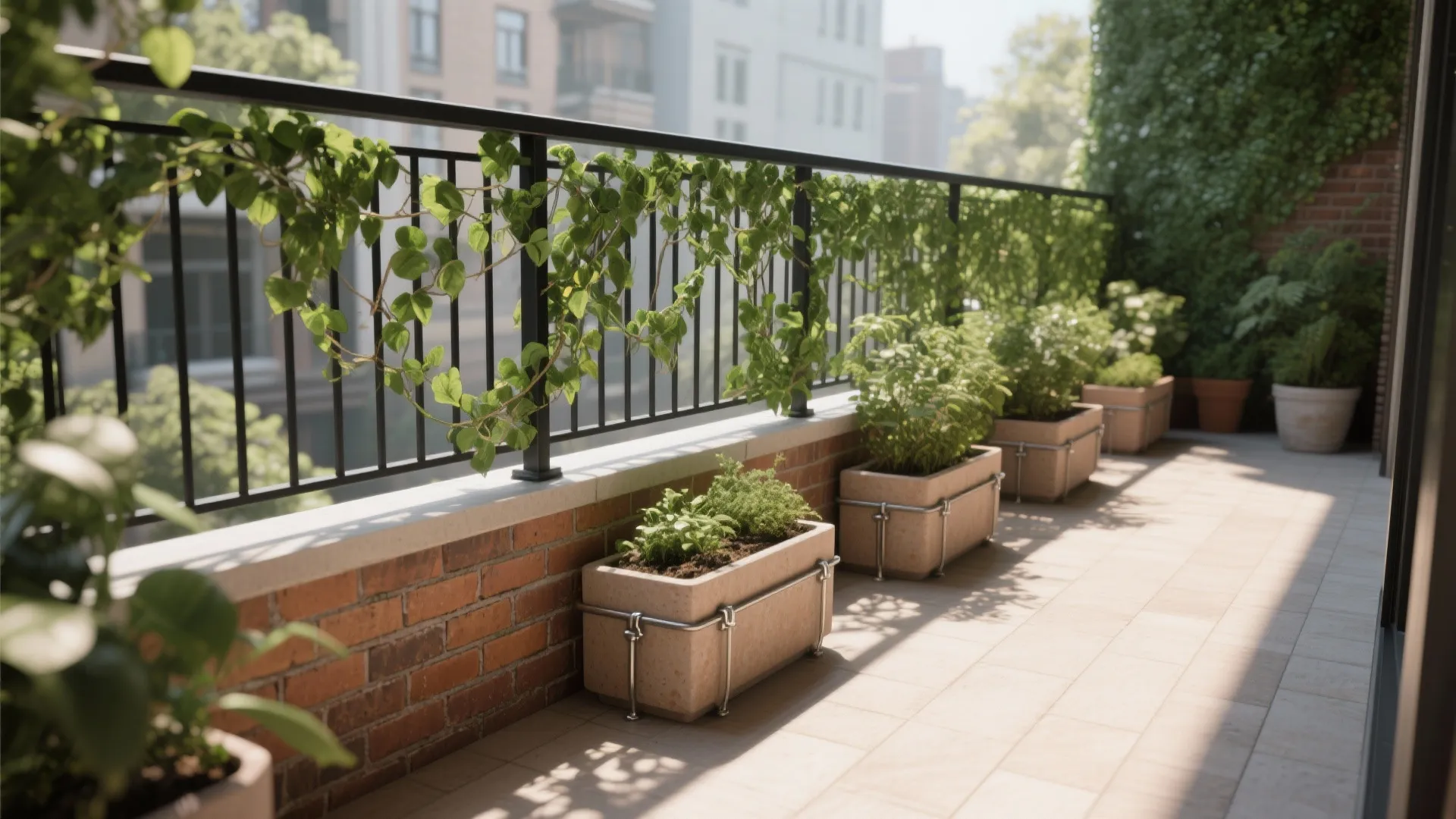 Balcony design with brick wall and many green plants in stone pots along a black fence