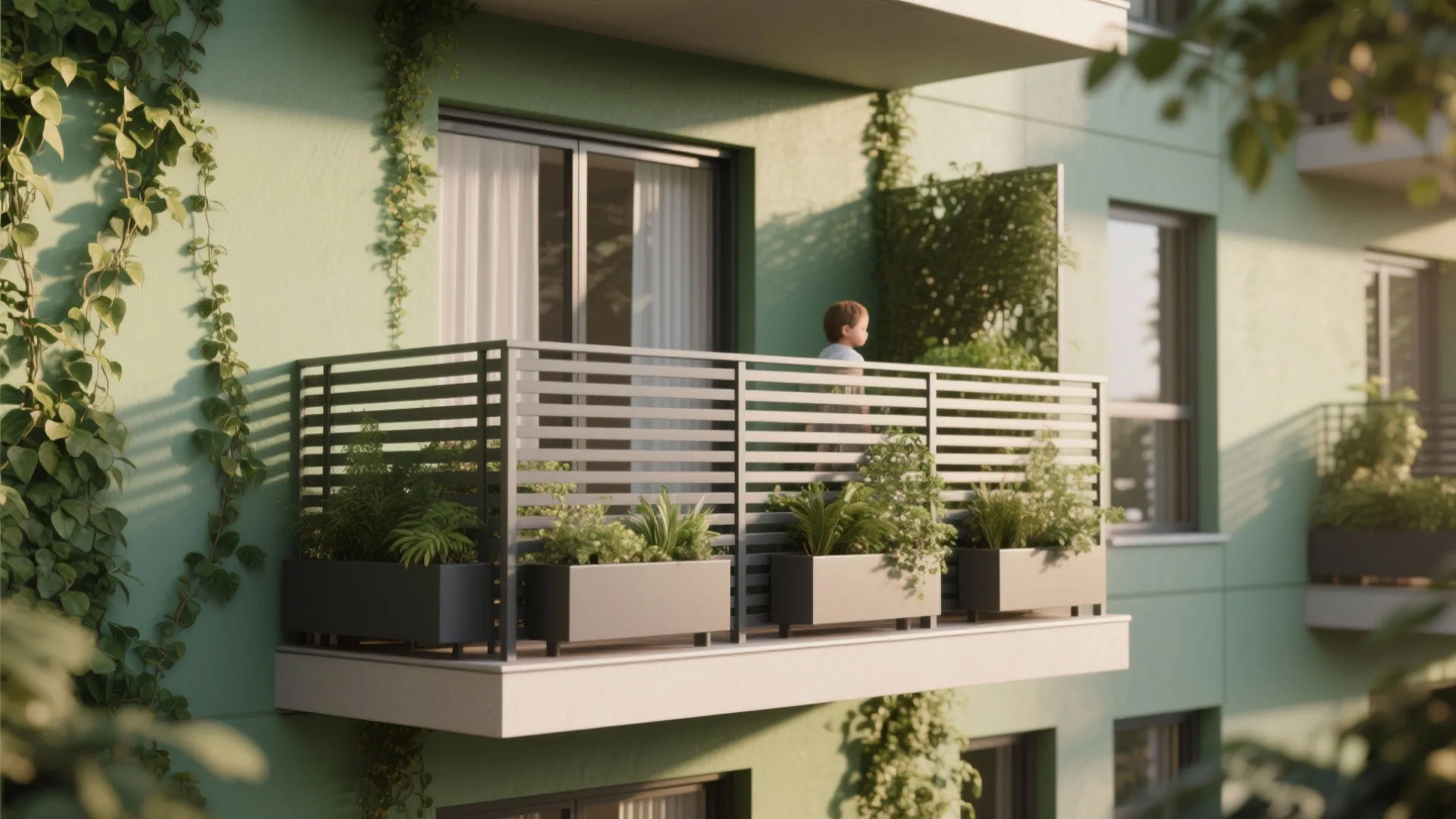 Modern green apartment balcony featuring a black metal railing with plants and climbing green vines