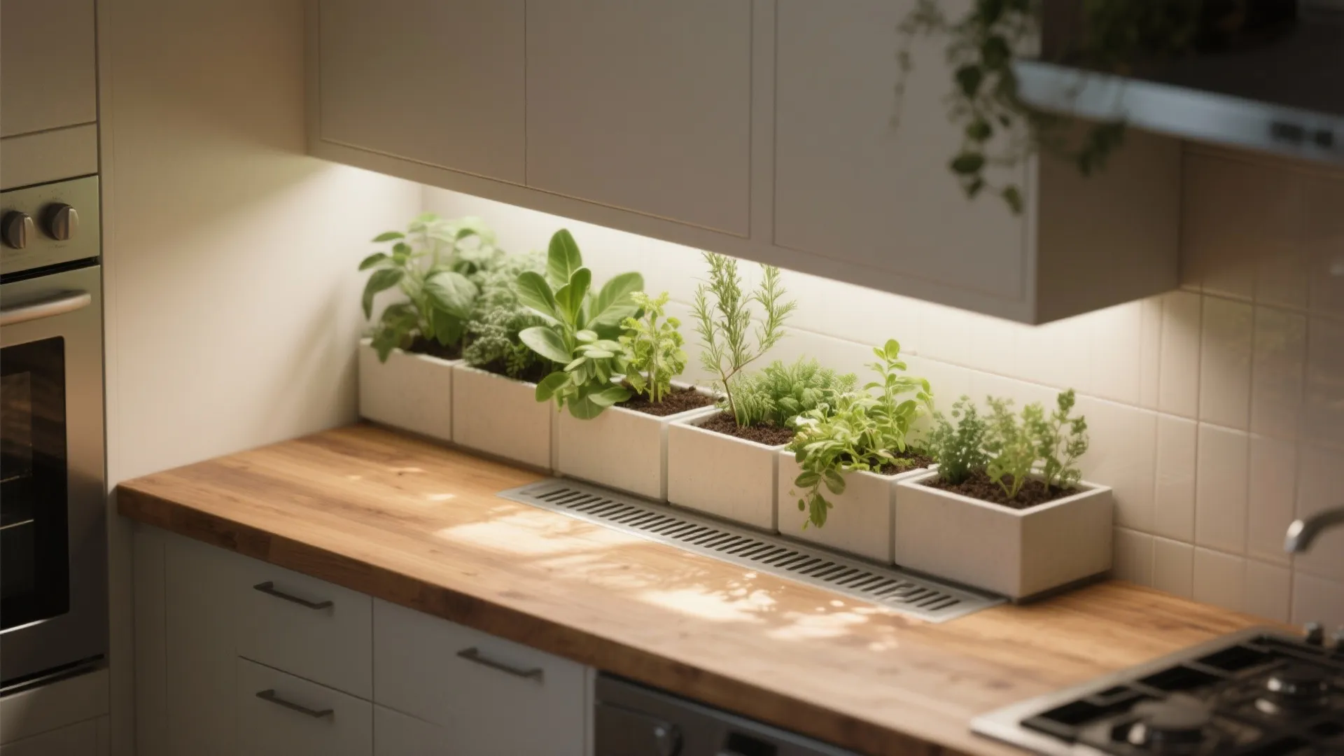 Modern kitchen with green plants in white pots on wood countertop under white wall cabinets
