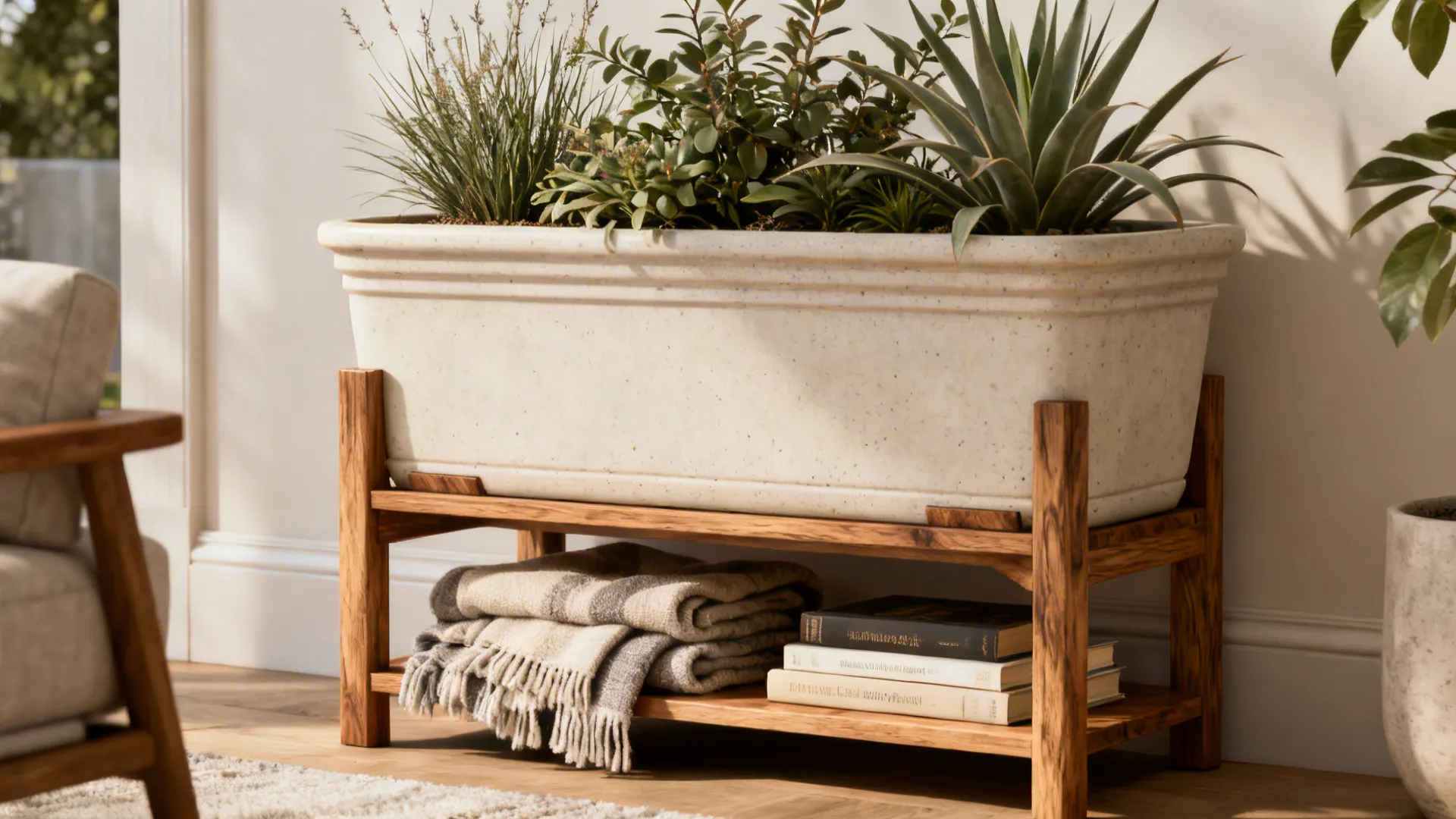 Large white planter on a wooden stand with a shelf for storing folded blankets and books