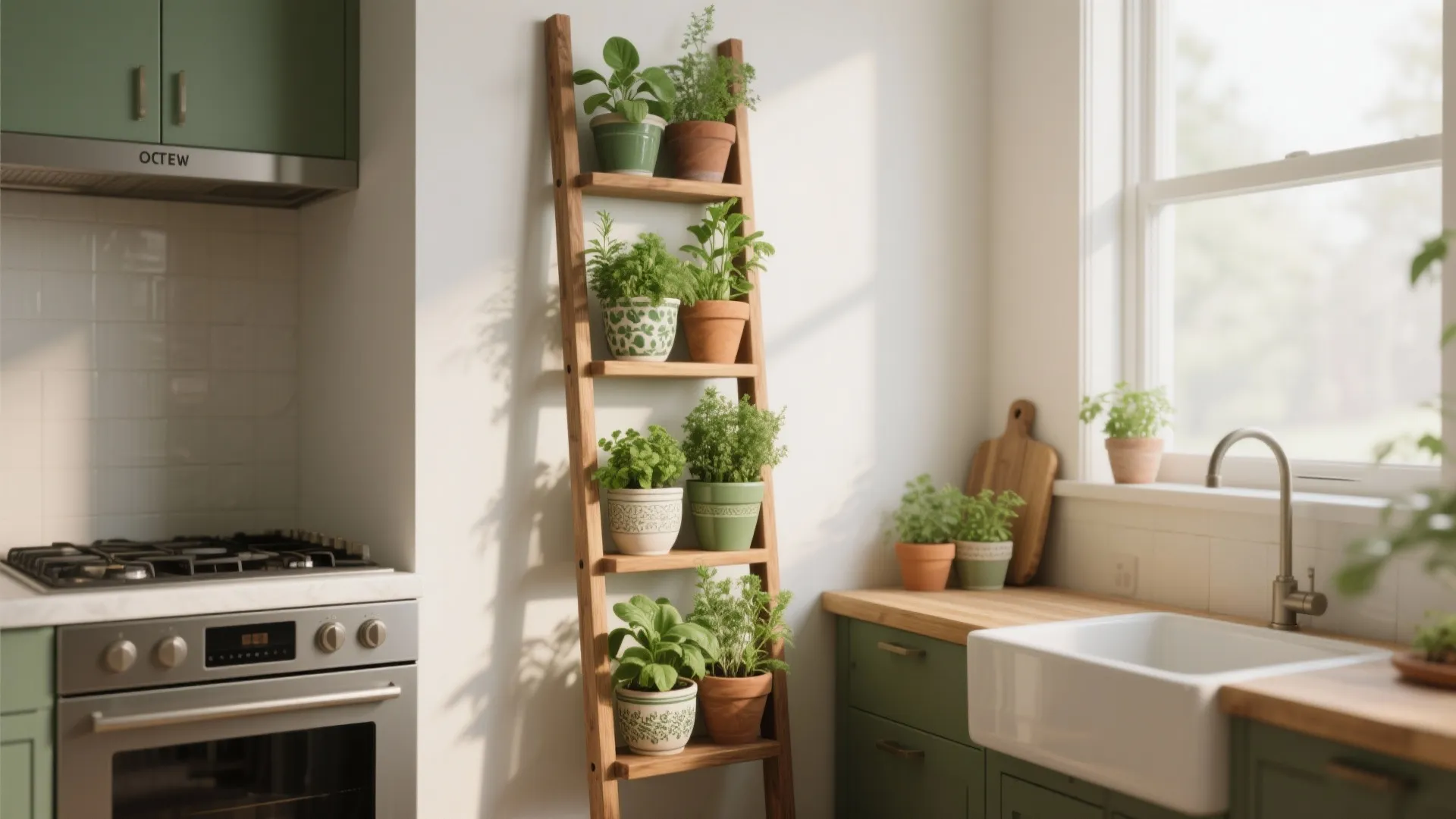 Wooden ladder shelf holding many green plants in a bright kitchen with white sink and window