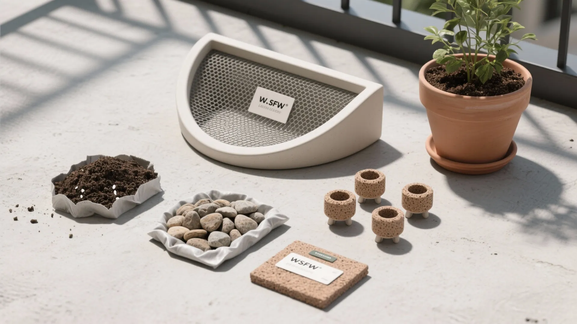 Flat lay of mesh, LECA, soil, liner, pot feet, and a fiberglass planter on concrete.