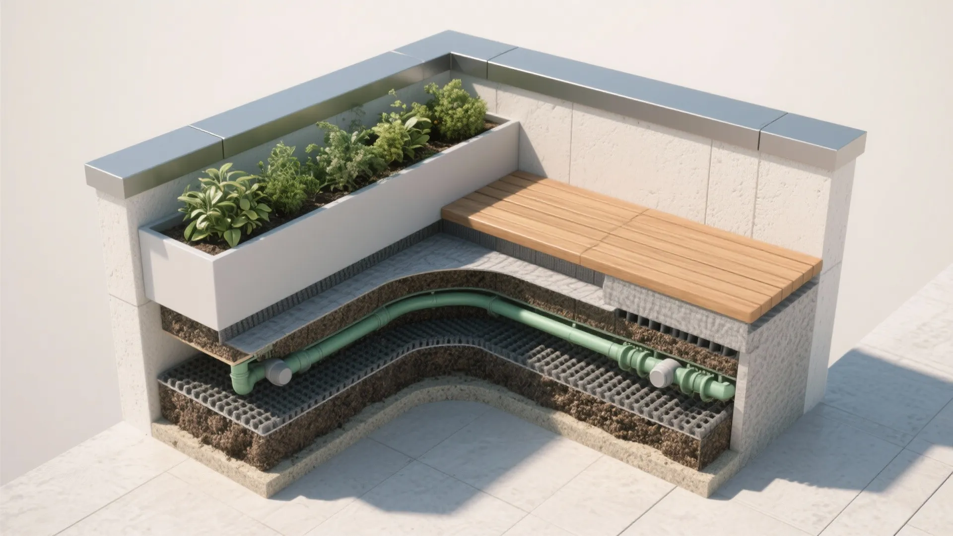 Interior design drawing showing layers of a rooftop garden with green plants and drainage pipe system