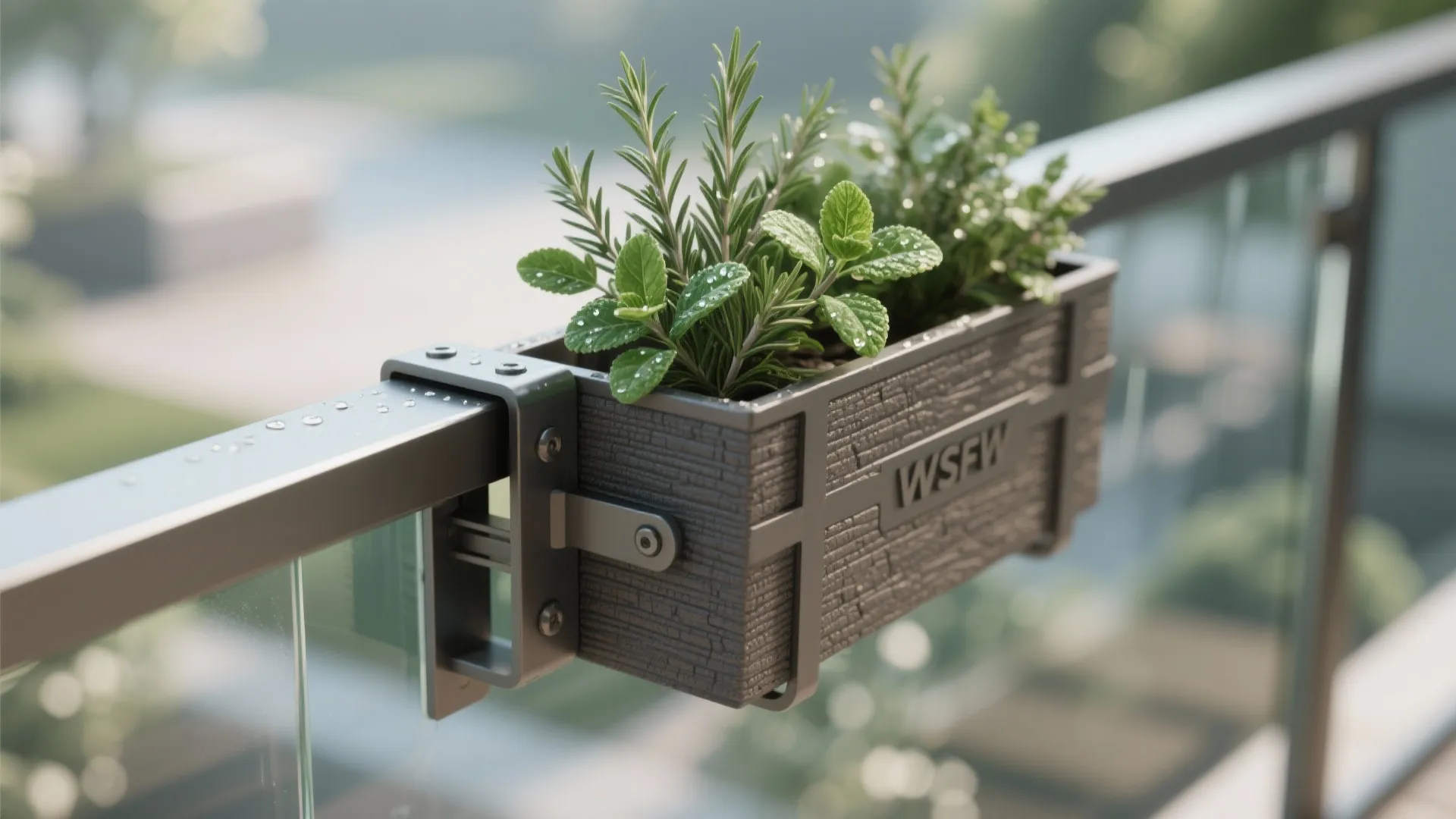 Small grey planter box attached to balcony railing with green herbs and fresh morning water droplets