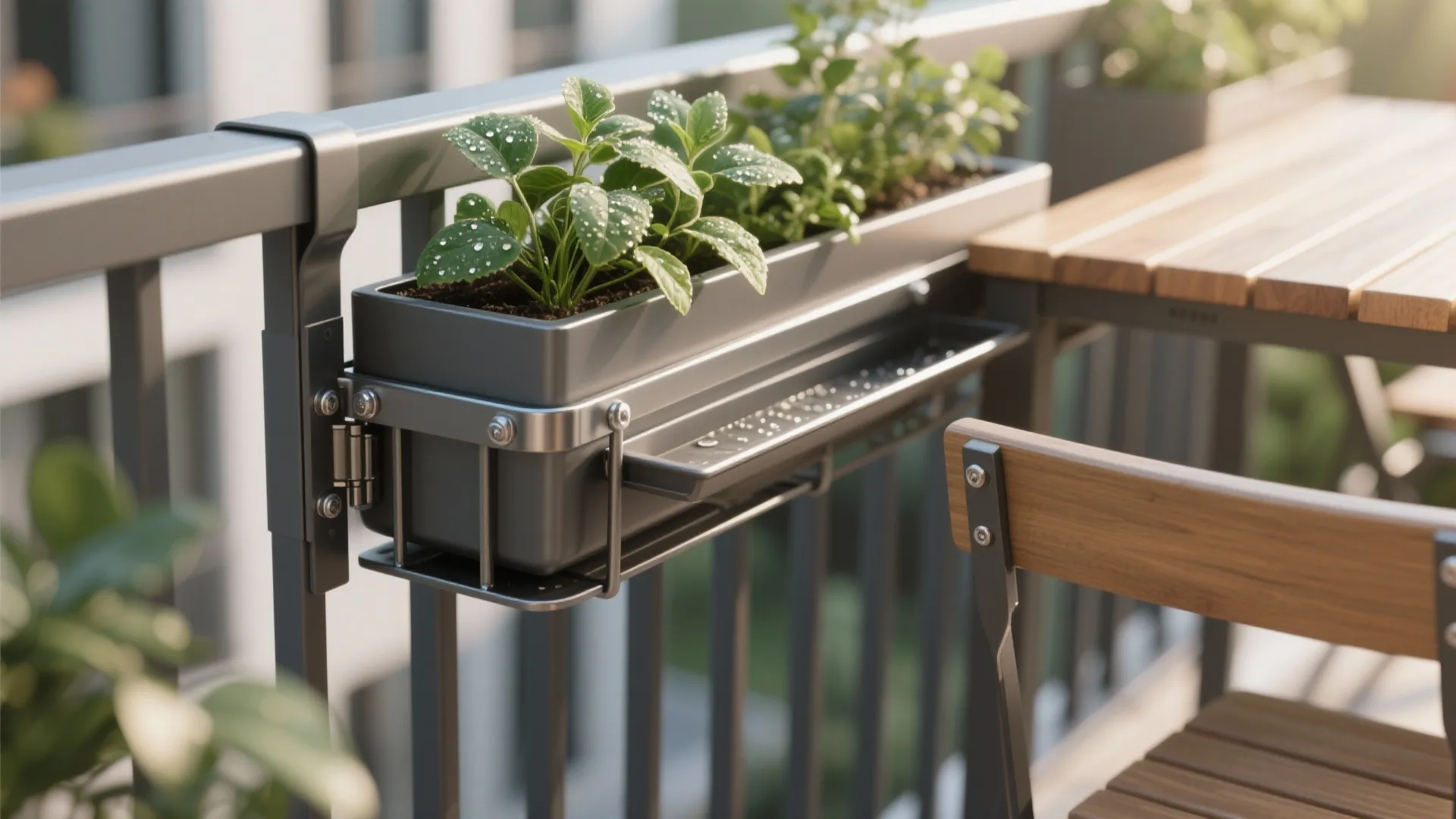 Metal plant box hanging on a balcony railing next to a wooden table and chair