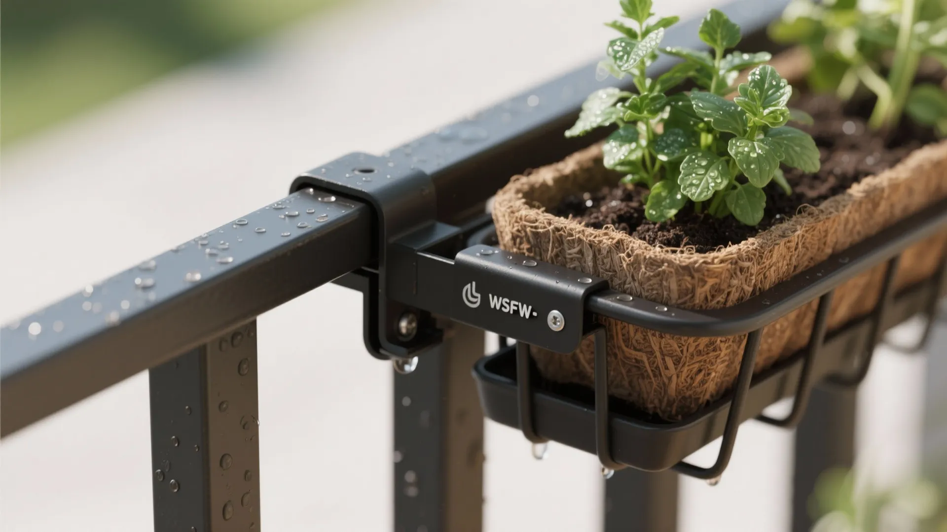 Macro showing a matte-black clip-on planter bracket, coco liner, drip tray, and fresh herbs with dew.
