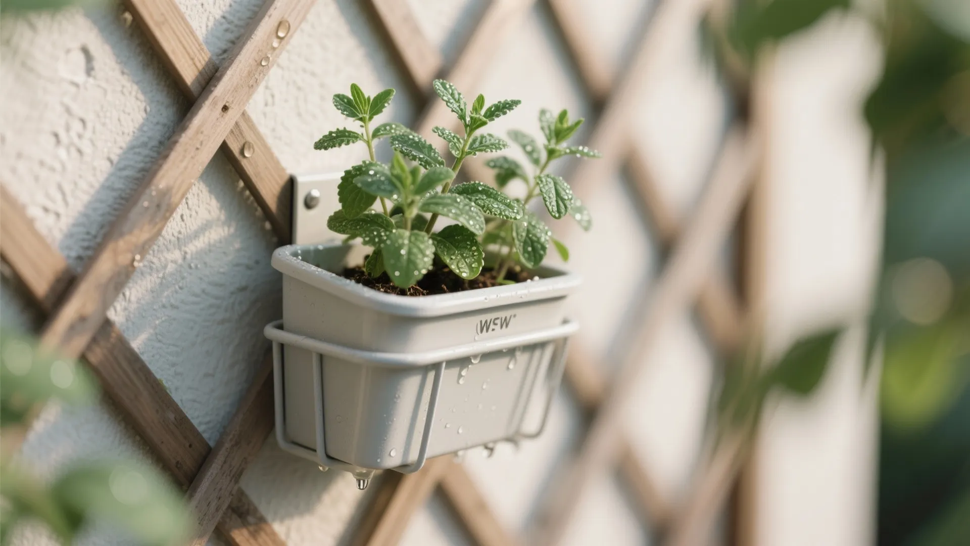 Small green plant with water drops in a white pot hanging on wooden wall grid