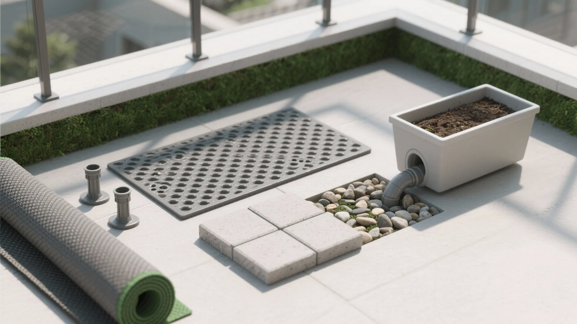 Modern rooftop balcony design showing planter box drainage system with white floor tiles and green grass