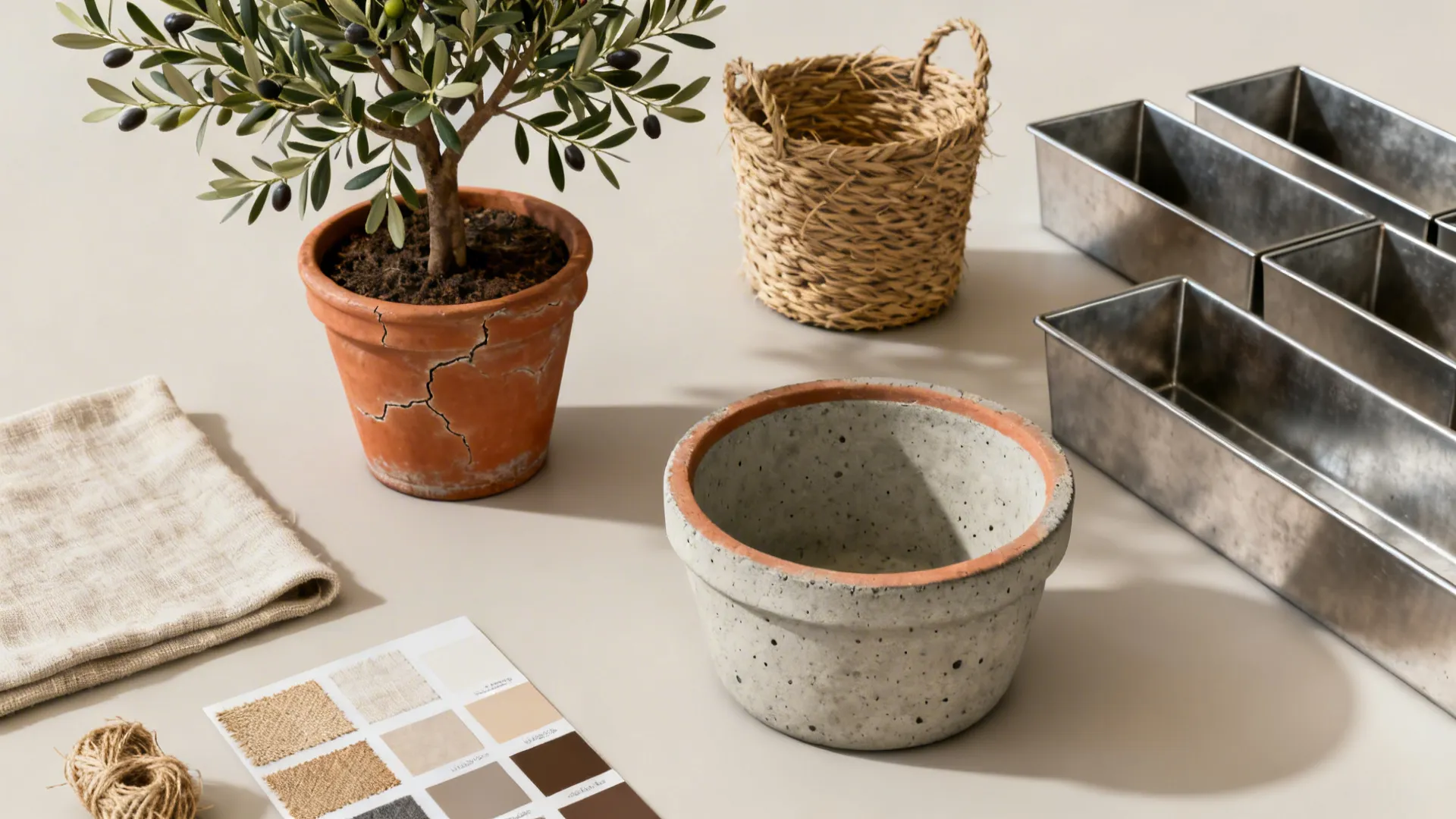 Collection of gardening items including plant pots woven basket metal trays and fabric material samples