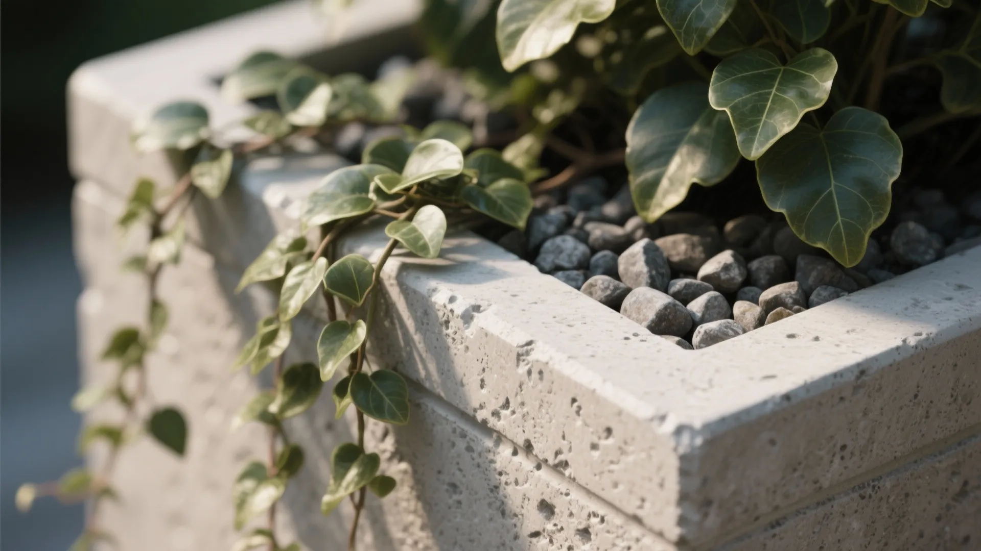 Close up view of grey concrete planter box with small rocks and green climbing plants